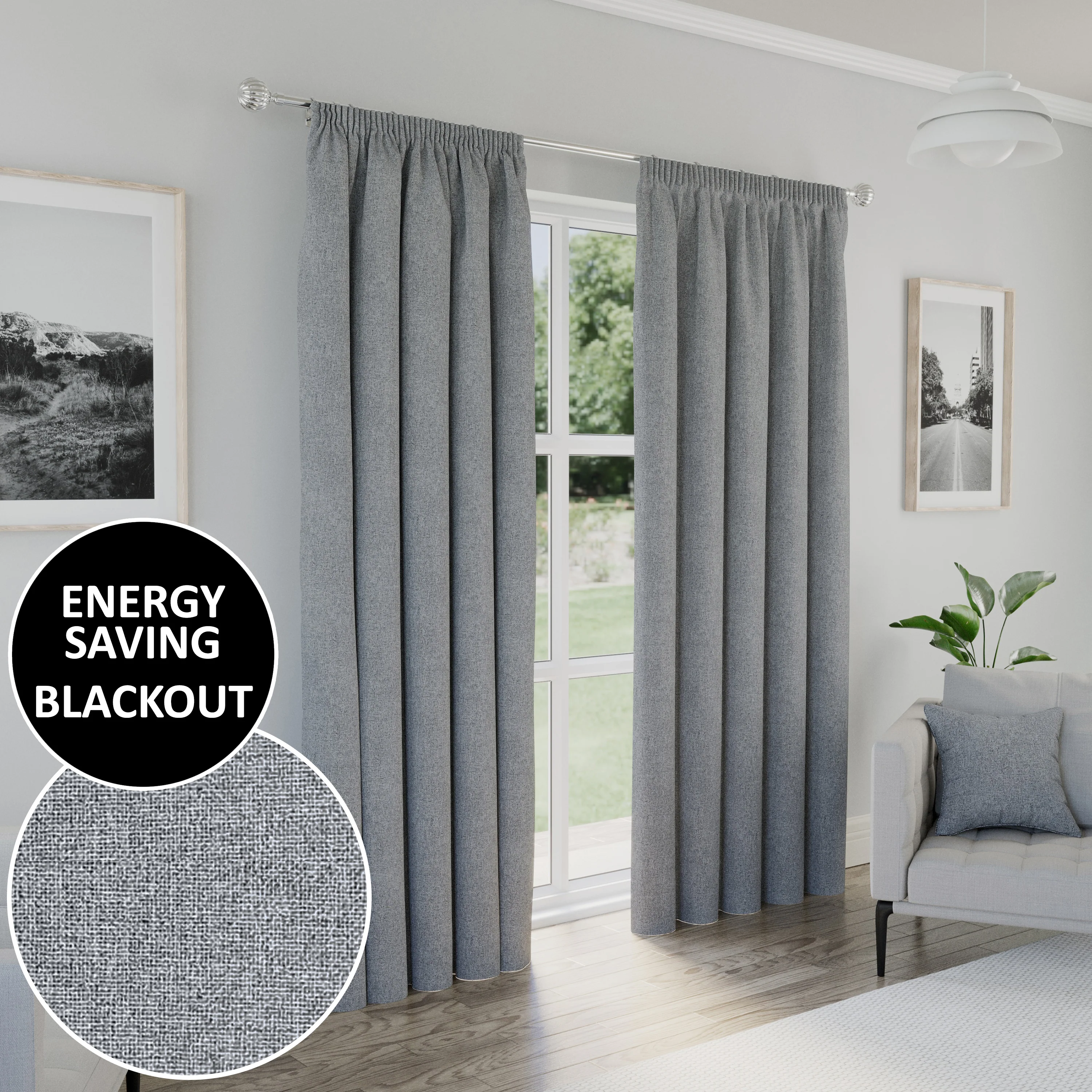 Enhanced Living Dallas 100% Blackout Thermal Grey Curtains With 3" Tape Top Header - Pair