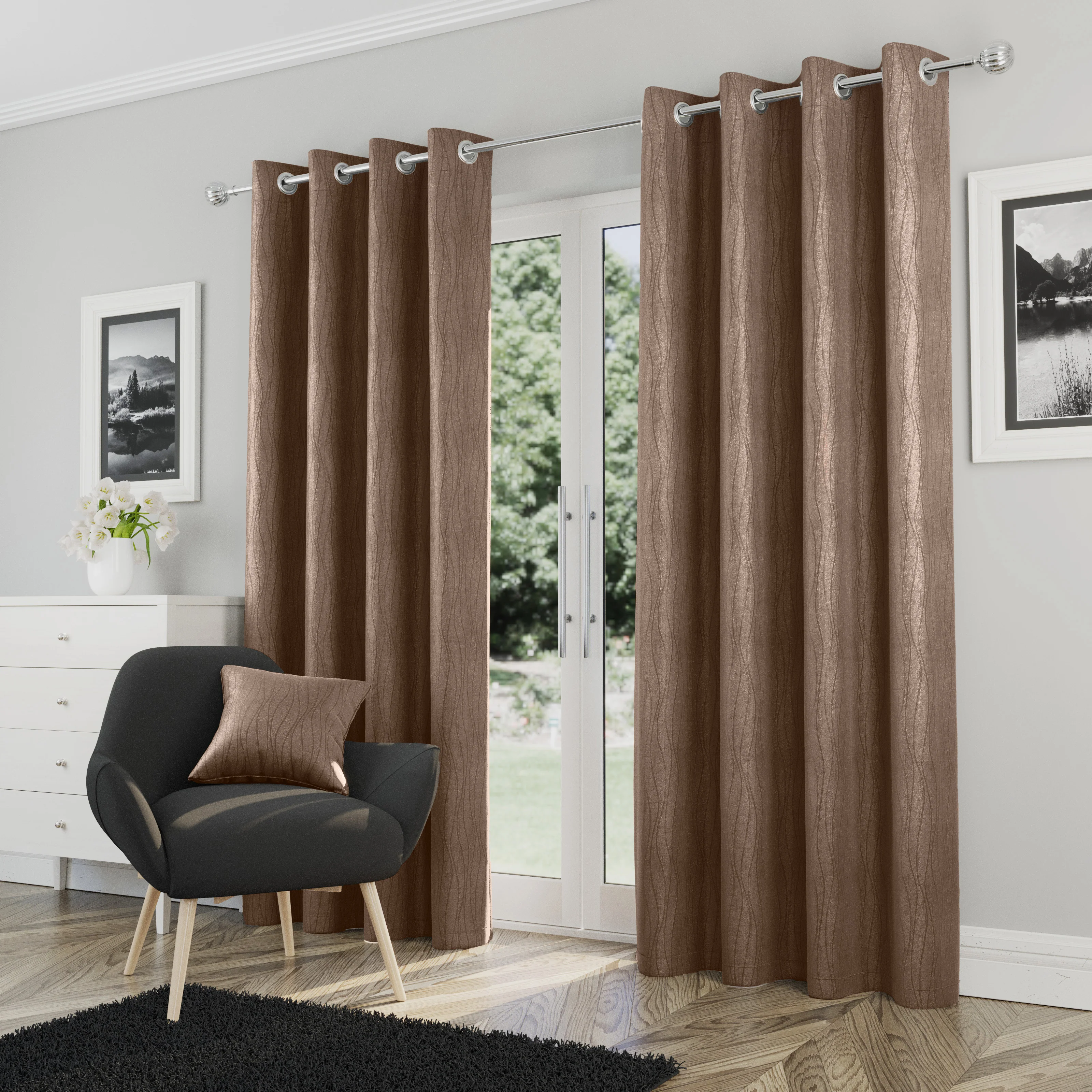 Enhanced Living Goodwood Bronze Thermal, Energy Saving, Dimout Eyelet Curtains with Wave Pattern - Pair - Image 2