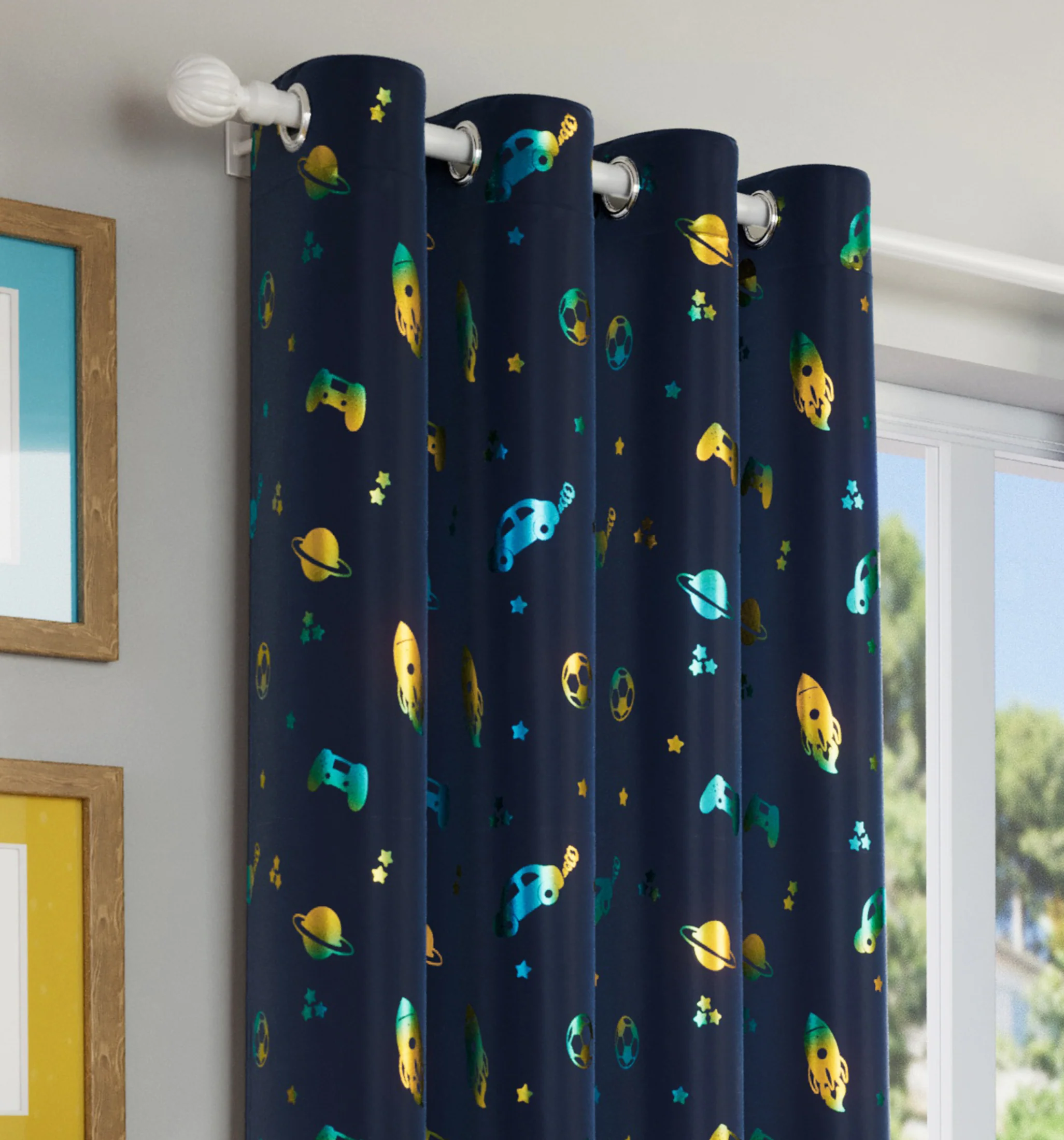 Enhanced Living Infinity Room Darkening Thermal Blue Metallic Print Kid's Eyelet Curtains - Pair - Image 2
