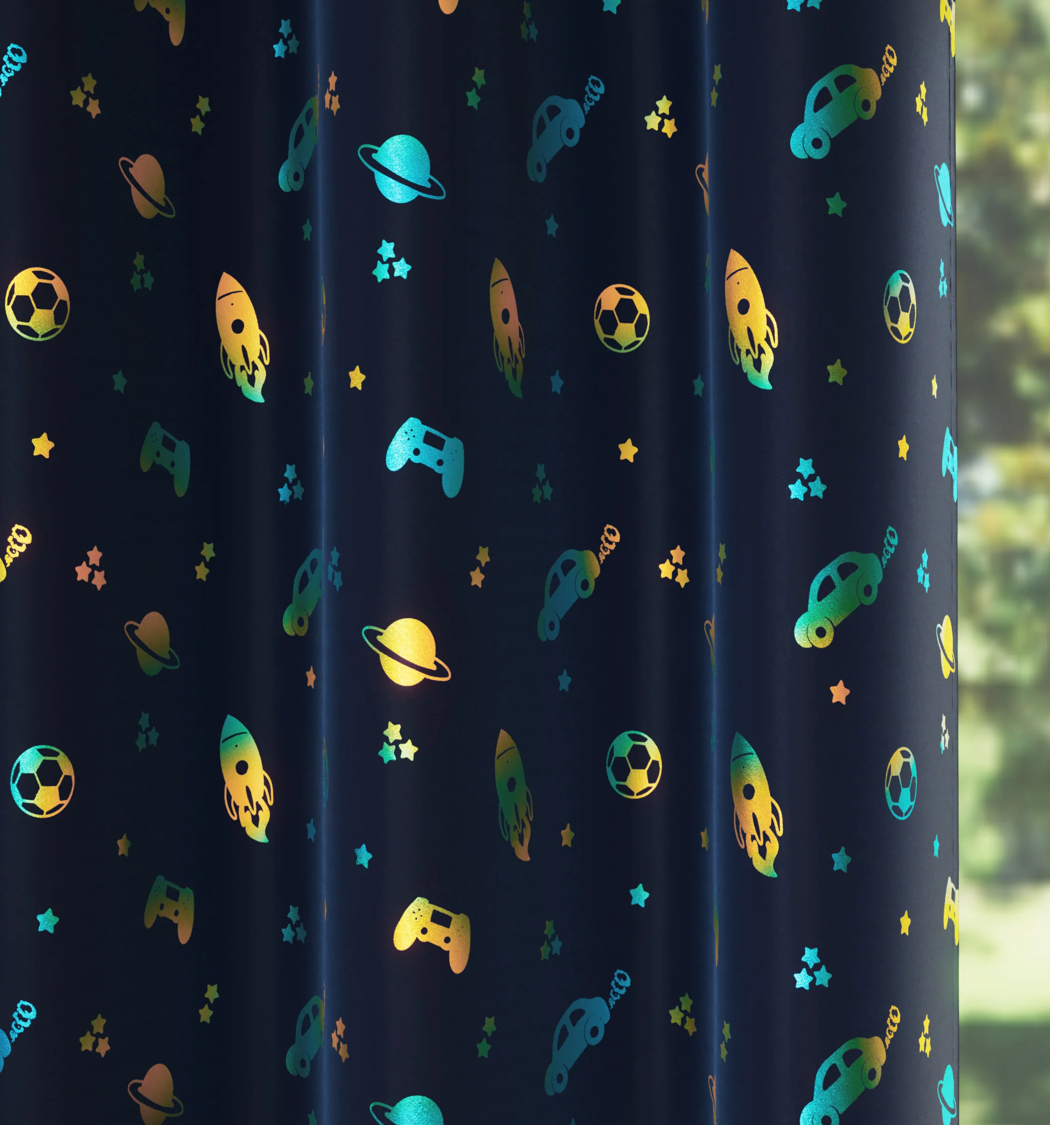 Enhanced Living Infinity Room Darkening Thermal Blue Metallic Print Kid's Eyelet Curtains - Pair - Image 3