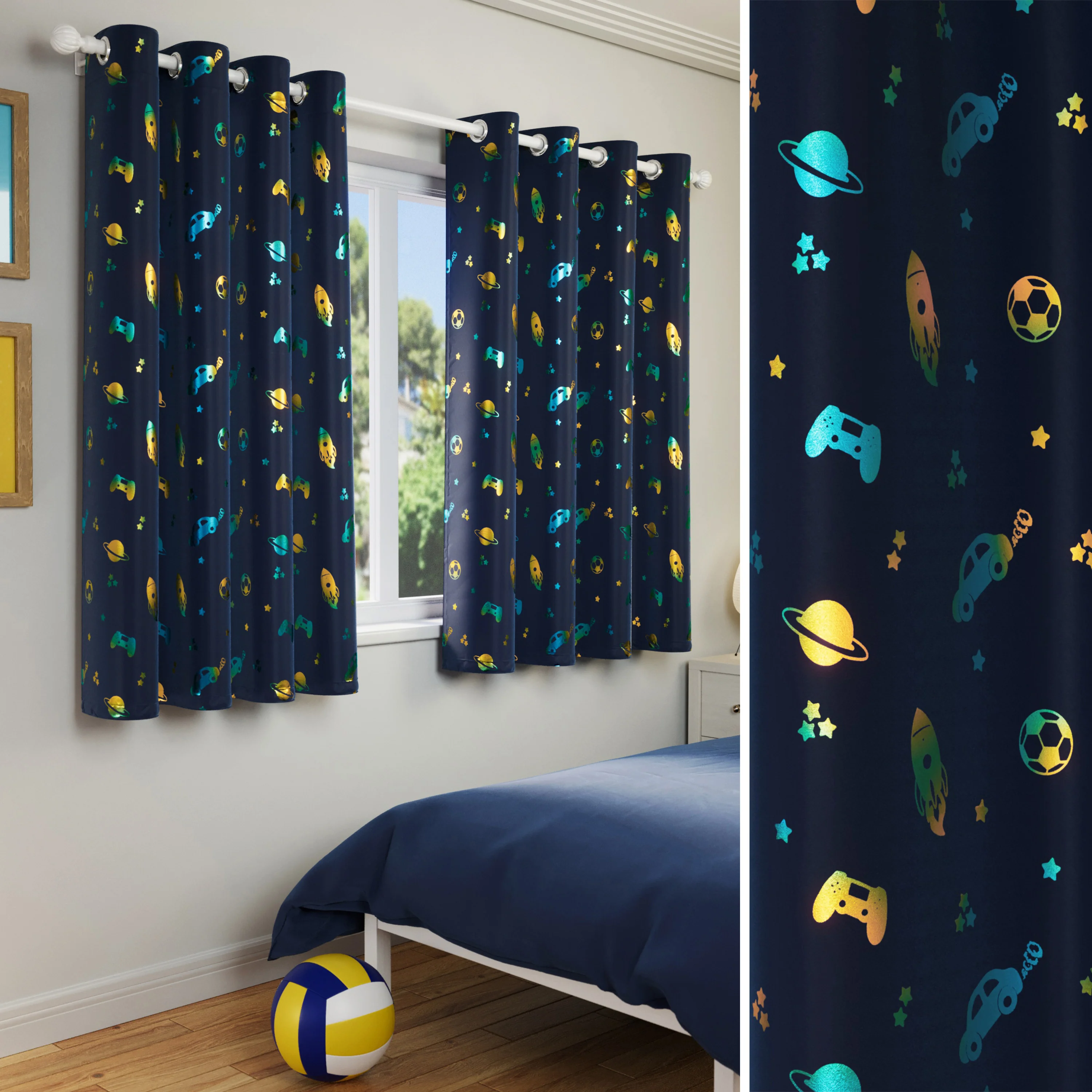 Enhanced Living Infinity Room Darkening Thermal Blue Metallic Print Kid's Eyelet Curtains - Pair - Image 6
