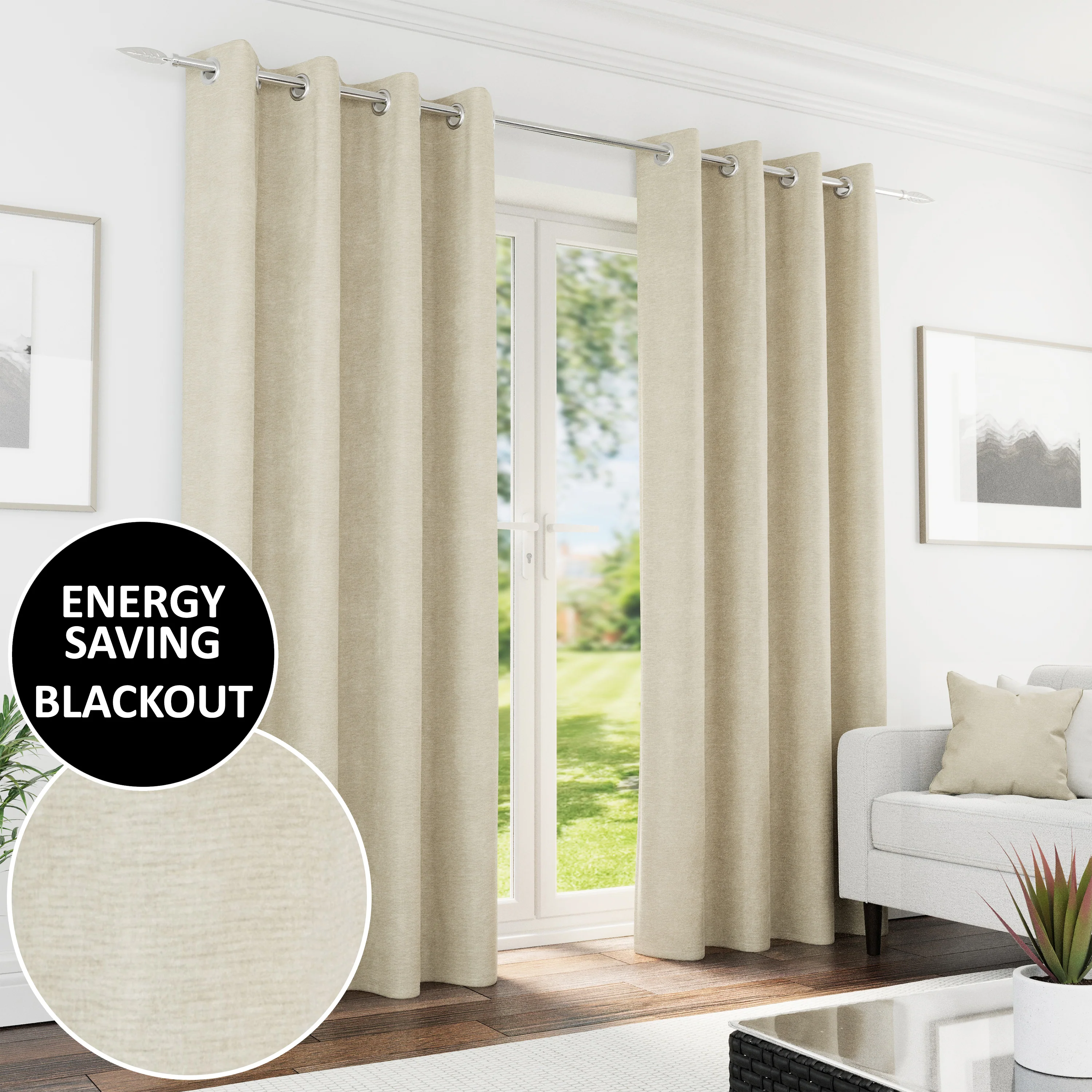 Enhanced Living Knightsbridge 100% Blackout, Thermal Cream Curtains With Eyelet Header - Pair