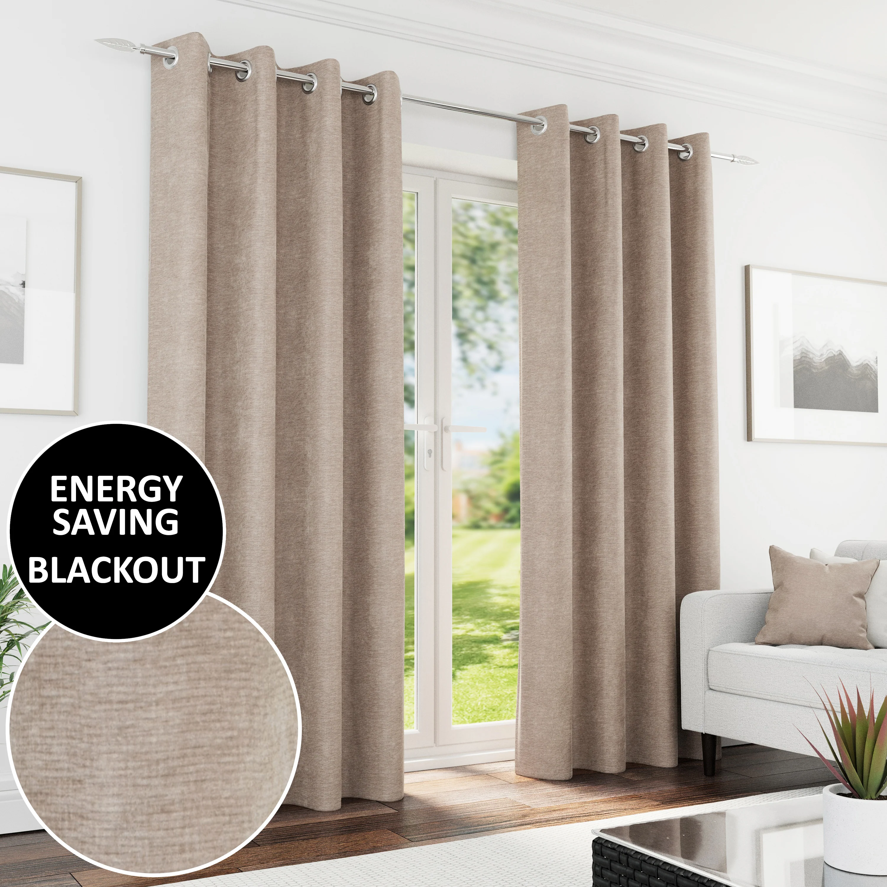 Enhanced Living Knightsbridge 100% Blackout, Thermal Sand Curtains With Eyelet Header - Pair