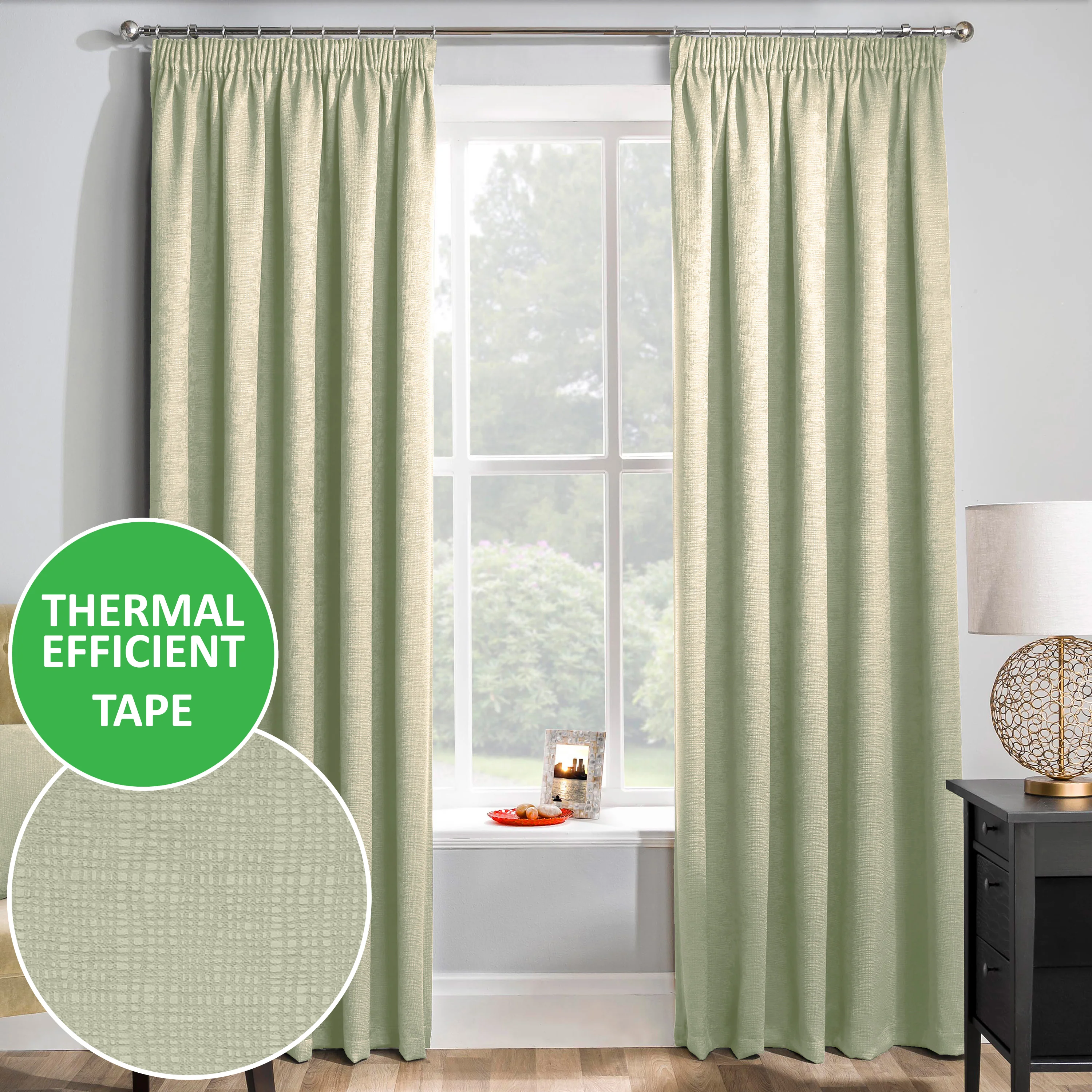 Enhanced Living Matrix Green Tape Top Thermal Noise Reducing Dim Out Curtains - Pair