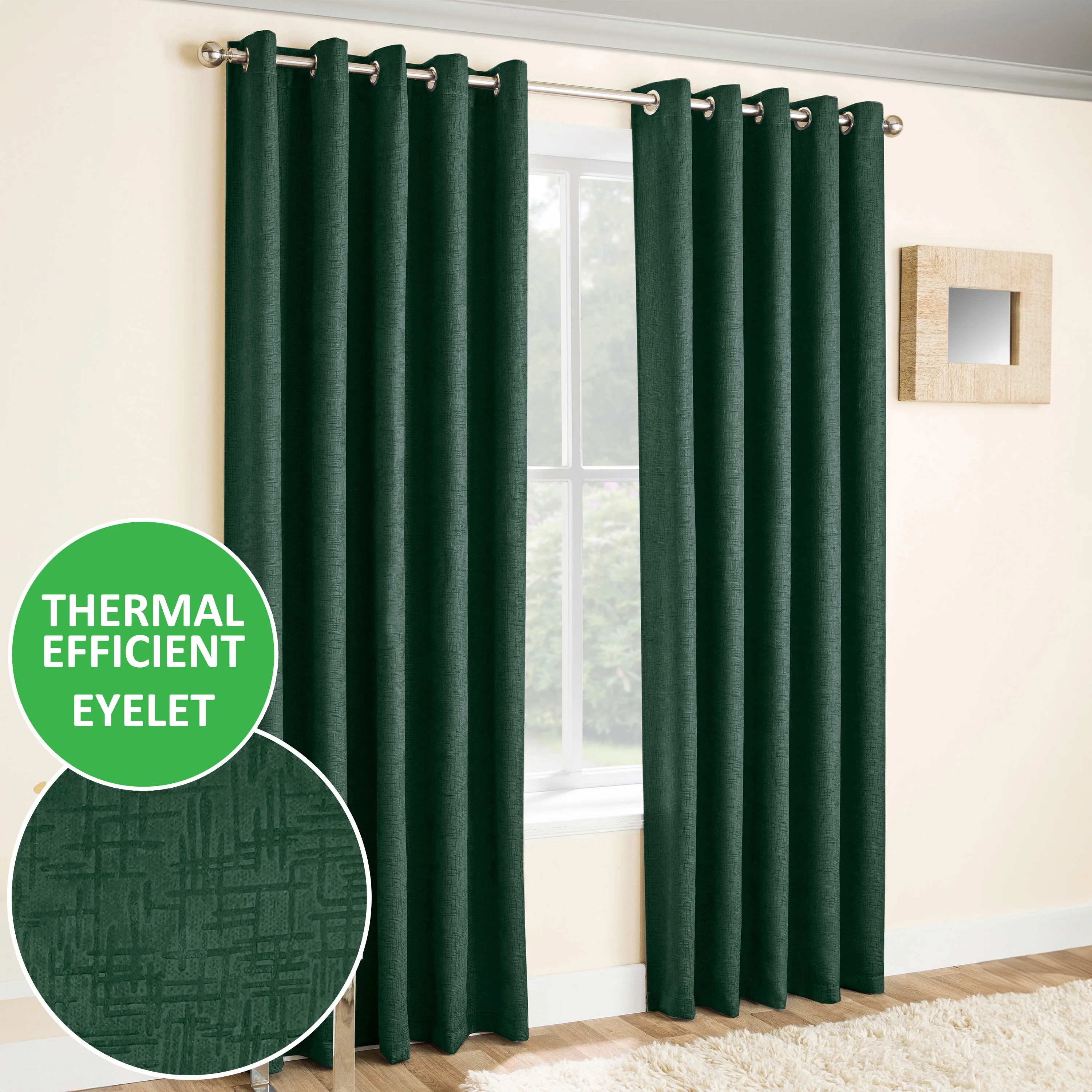 Enhanced Living Vogue Green Eyelet Thermal Noise Reducing Dim Out Curtains - Pair