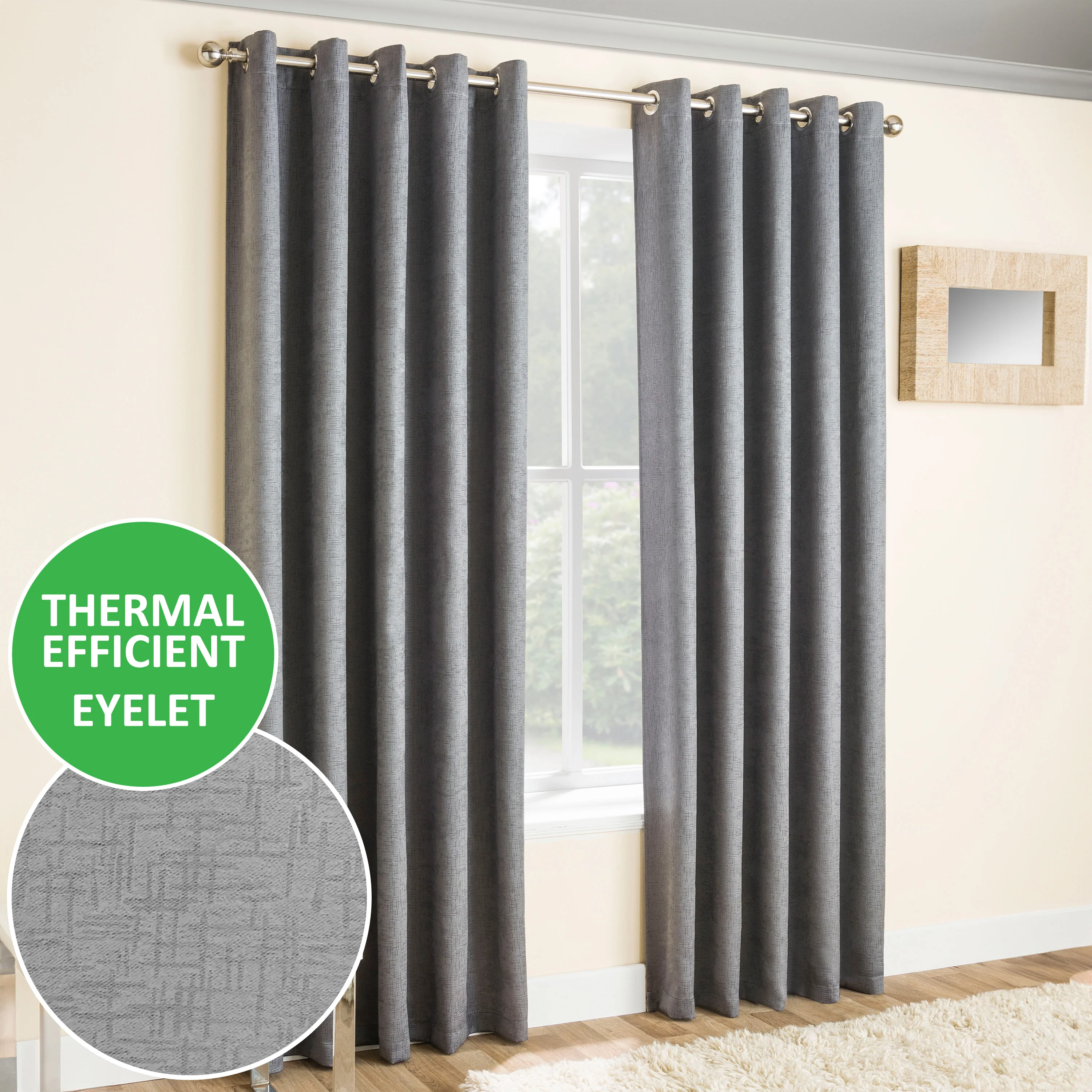 Enhanced Living Vogue Grey Silver Eyelet Thermal Noise reducing Dim Out Curtains - Pair