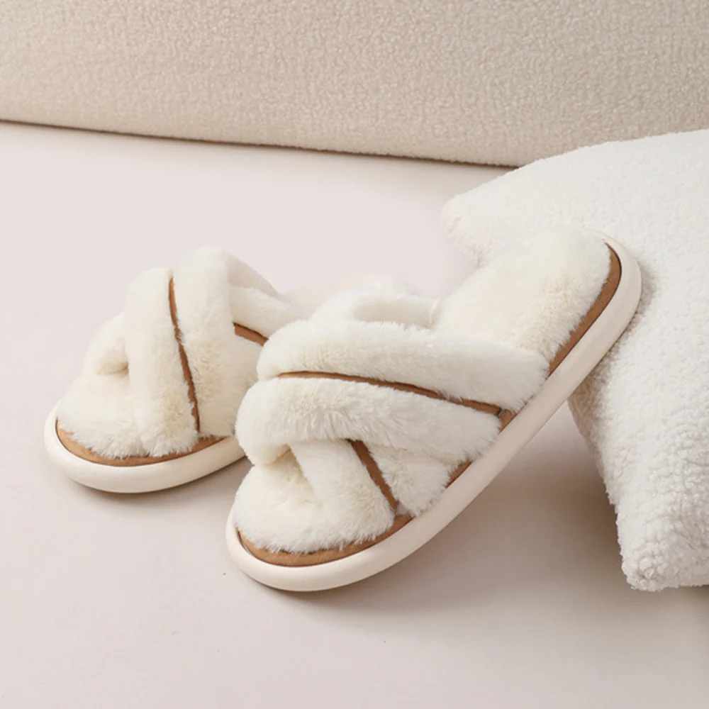 EVA Cross-Band Open Toe Fuzzy Slippers
