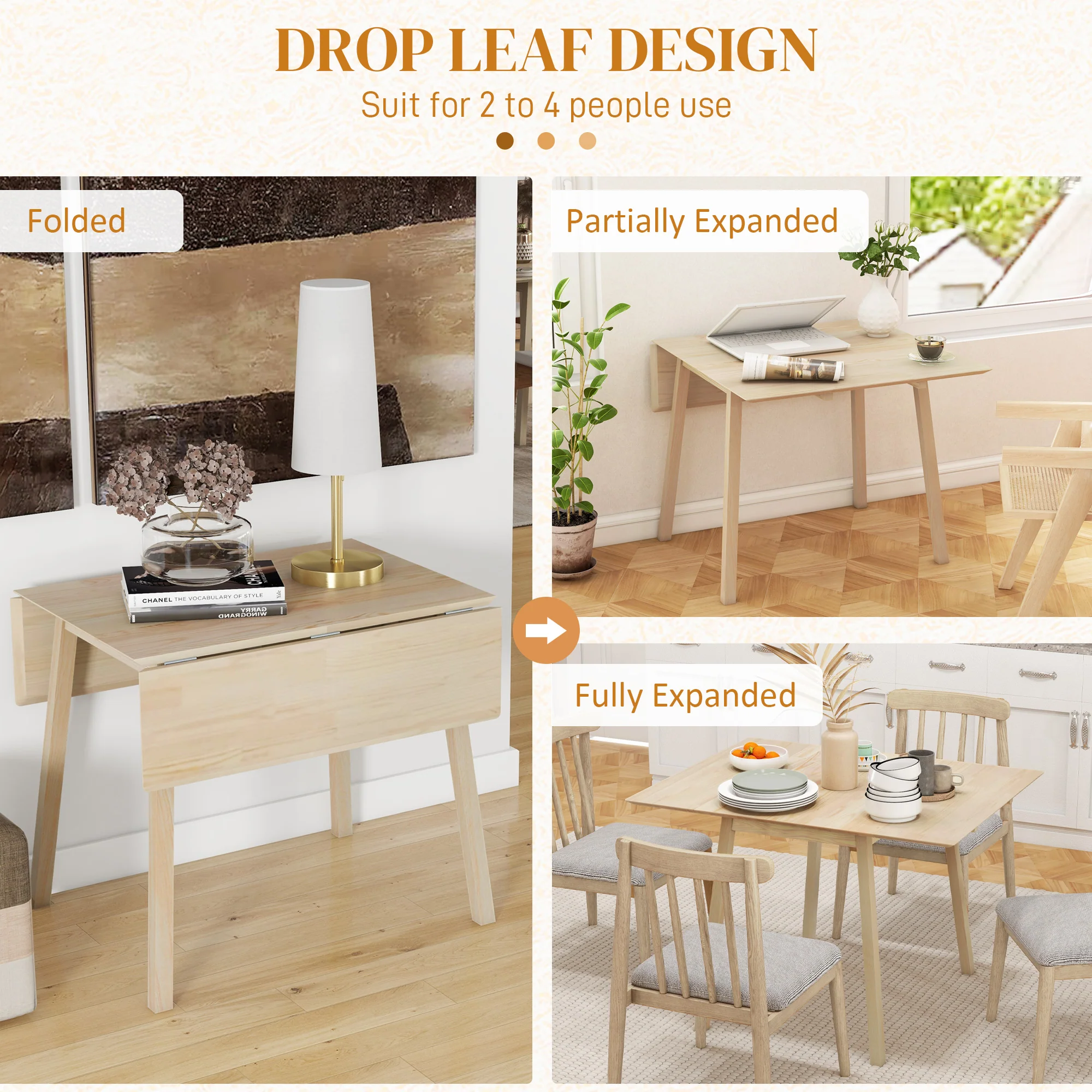 Extendable Kitchen Table For 2-4, Folding Drop Leaf Dining Table For Small Space - Image 3