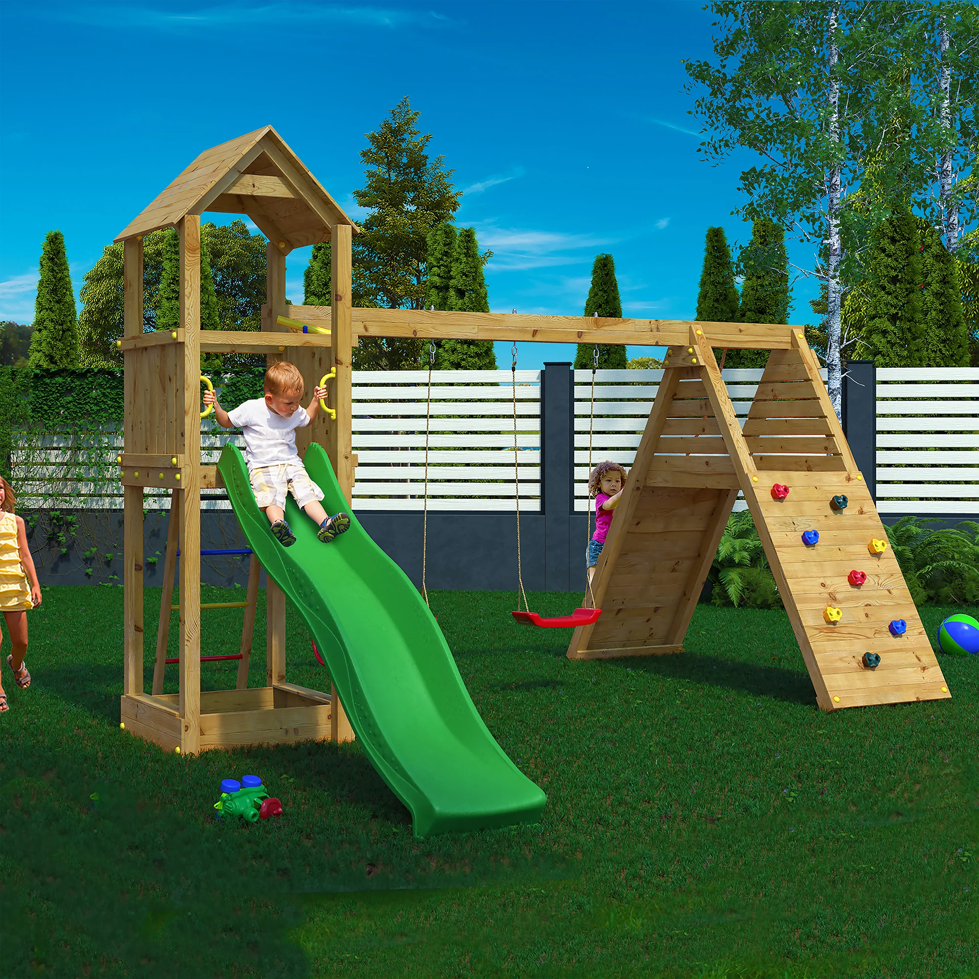 Fleppi Playfort - Wooden Climbing Frame With Swings And Slide