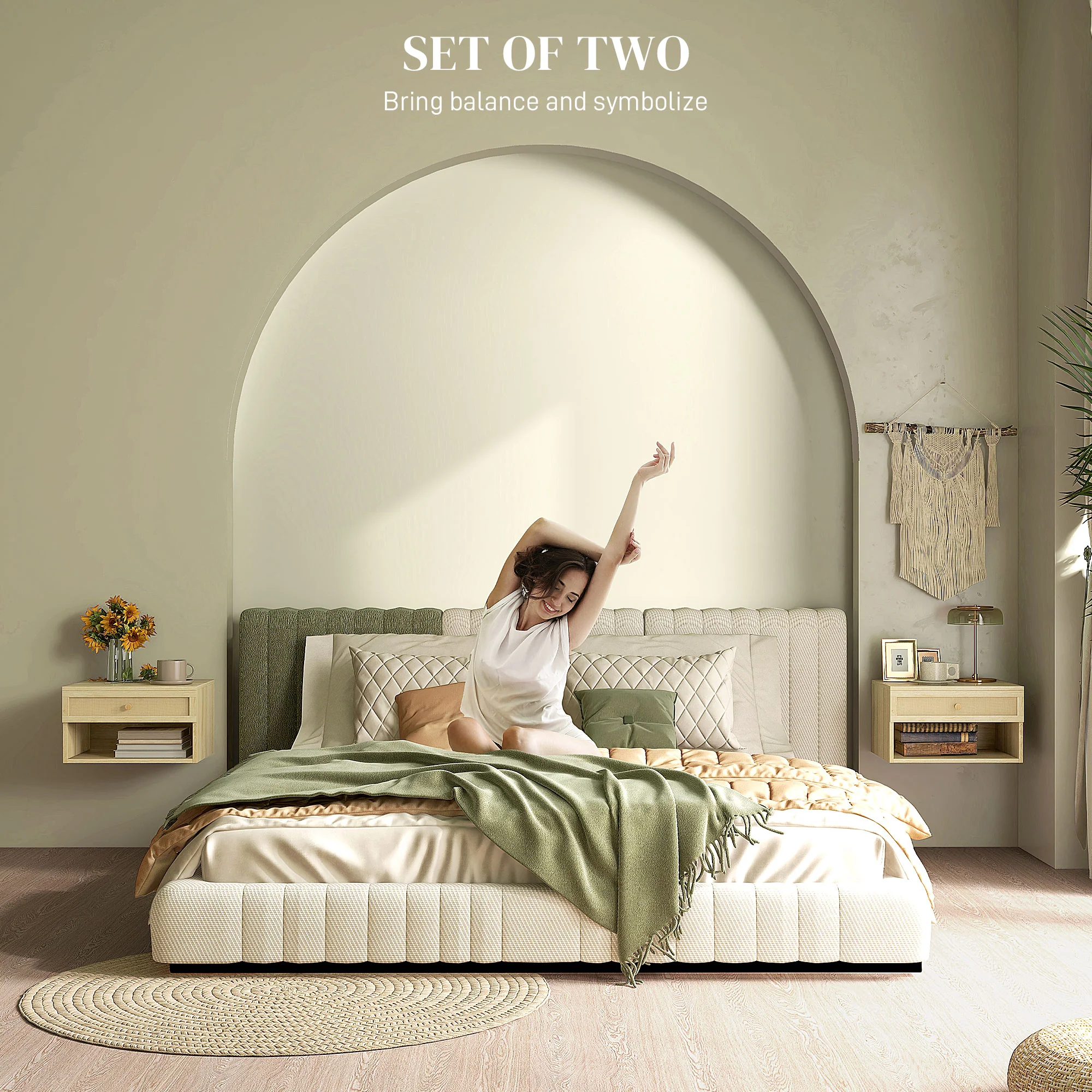 Floating Nightstands Set Of 2 With Rattan Drawer And Storage Shelf For Bedroom - Image 4