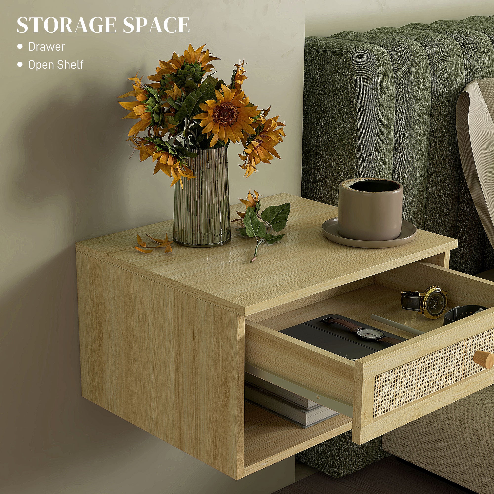 Floating Nightstands Set Of 2 With Rattan Drawer And Storage Shelf For Bedroom - Image 7