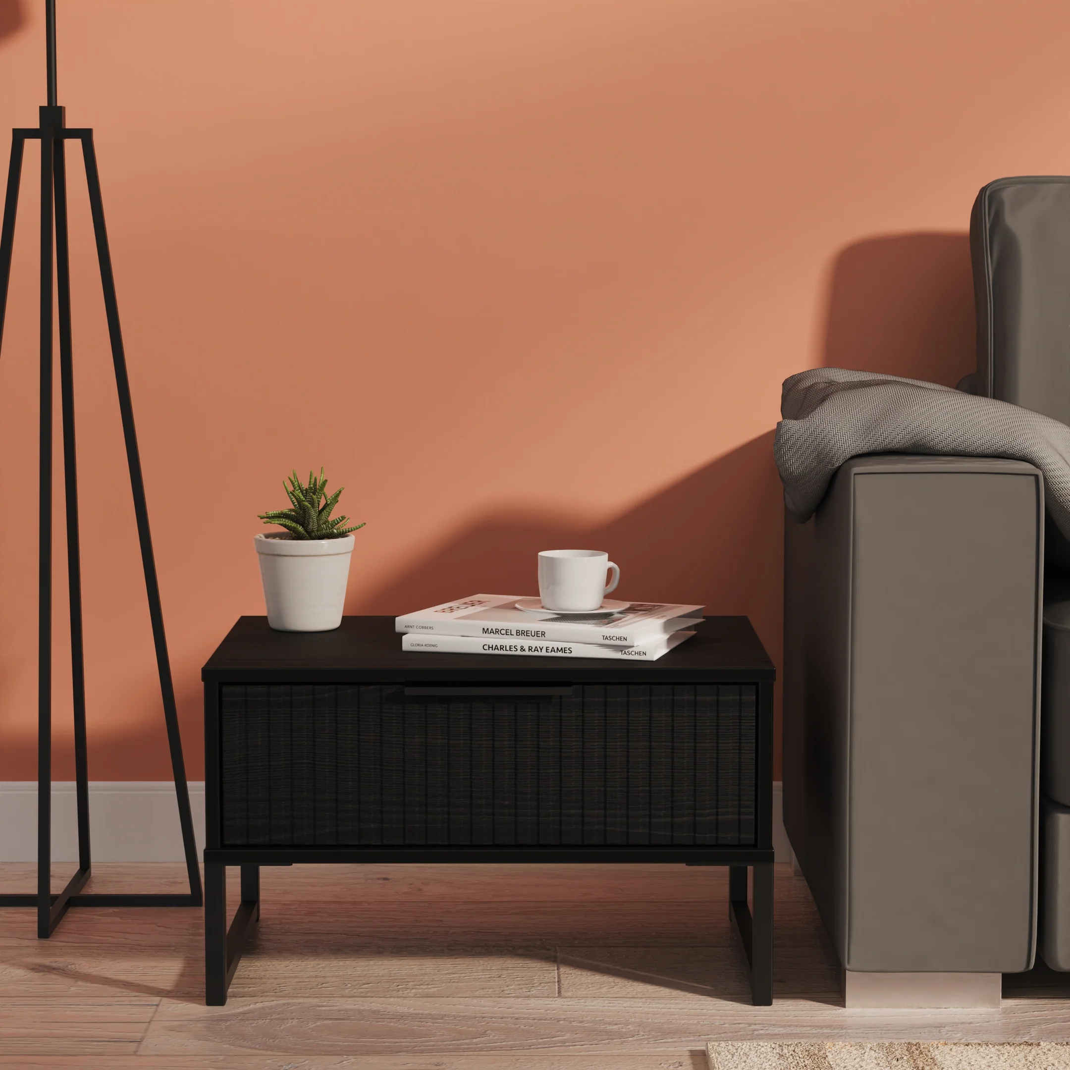 Fluted 1 Drawer Wide Side Table in Black Ash - Ready Assembled
