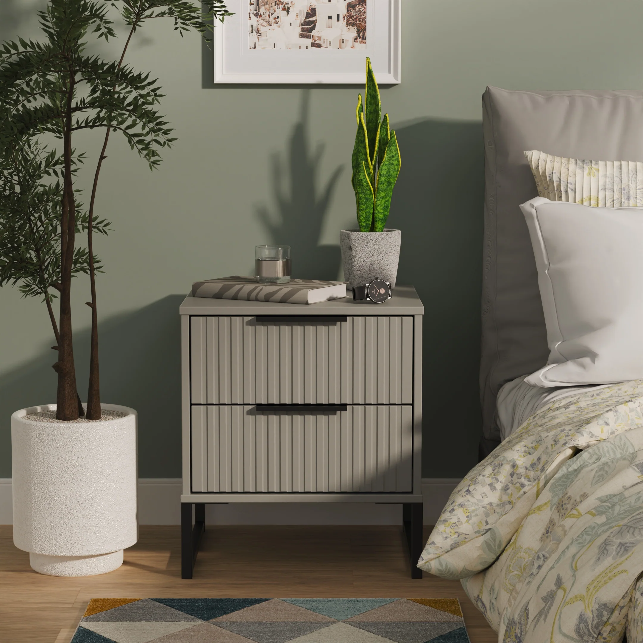 Fluted 2 Drawer Bedside in Dusk Grey - Ready Assembled