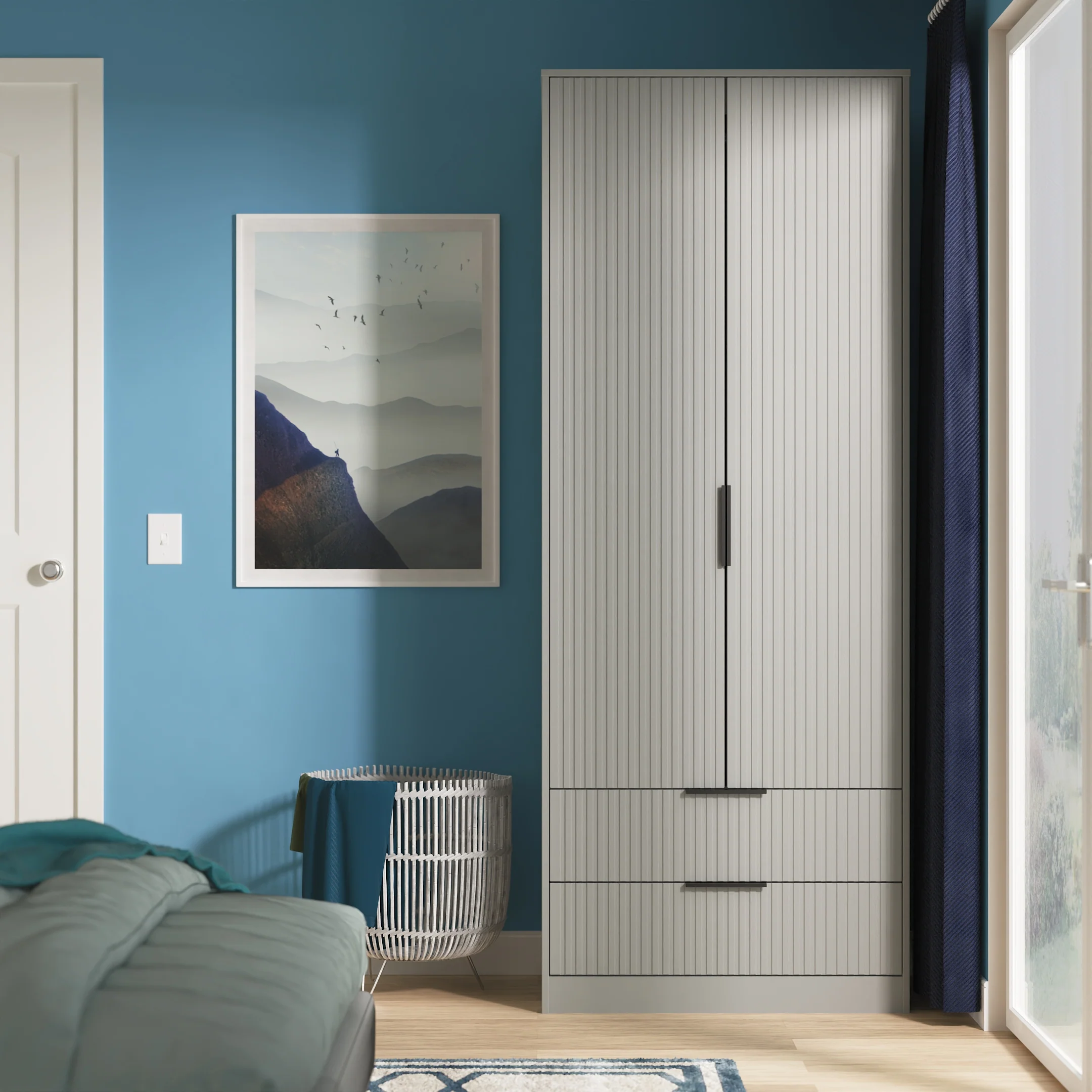 Fluted 2 Drawer Double Wardrobe in Dusk Grey - Ready Assembled