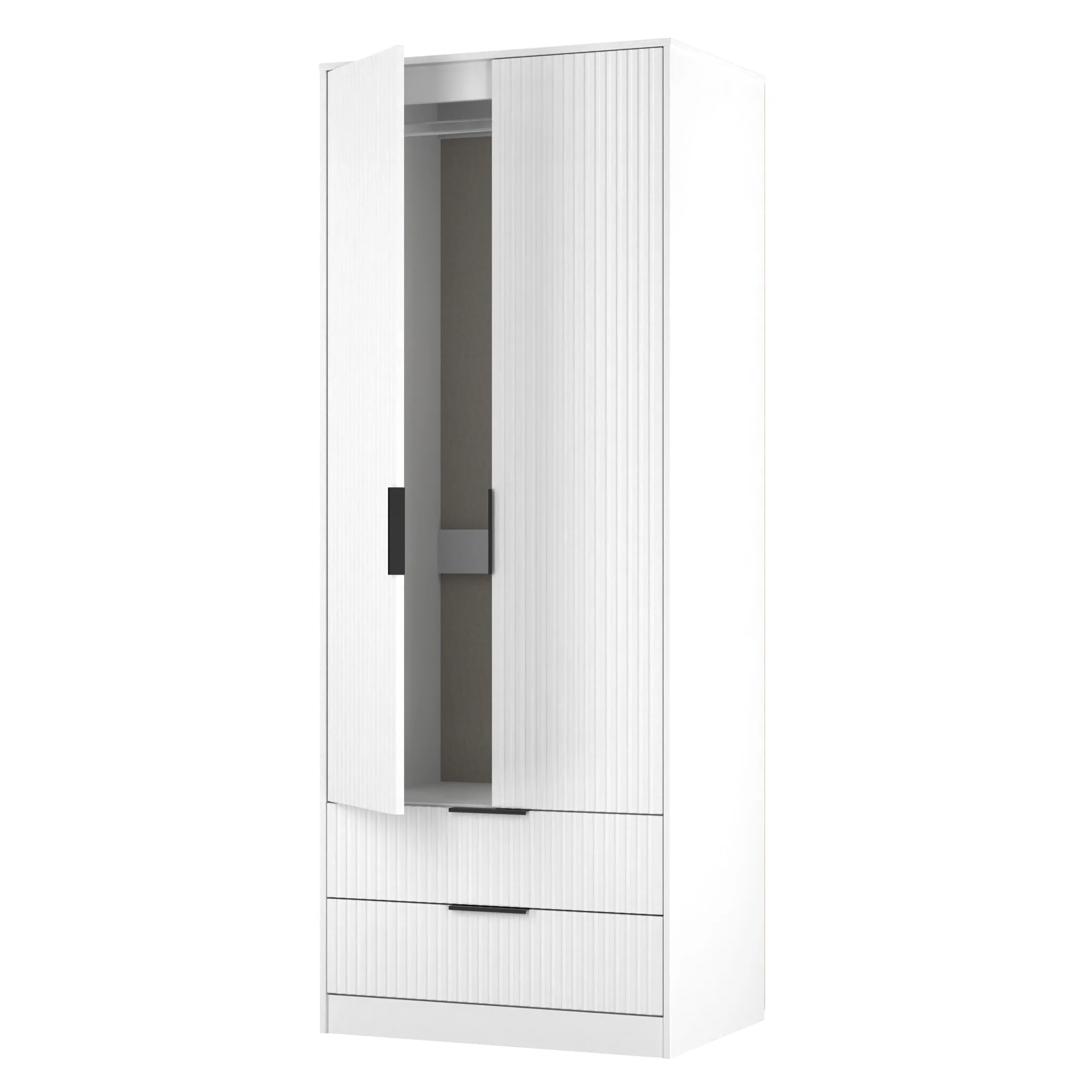 Fluted 2 Drawer Double Wardrobe in White Matt - Ready Assembled - Image 6