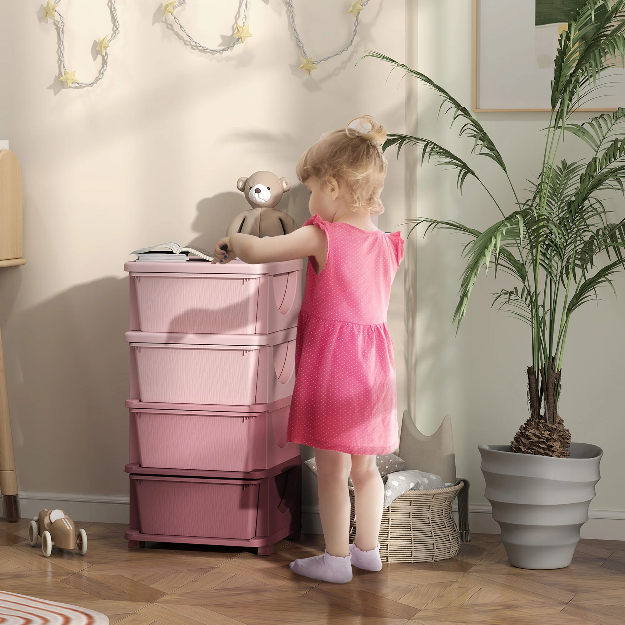 Four-Tier Kids Storage Boxes, Plastic Storage Units With Four Drawers, Pink - Image 2