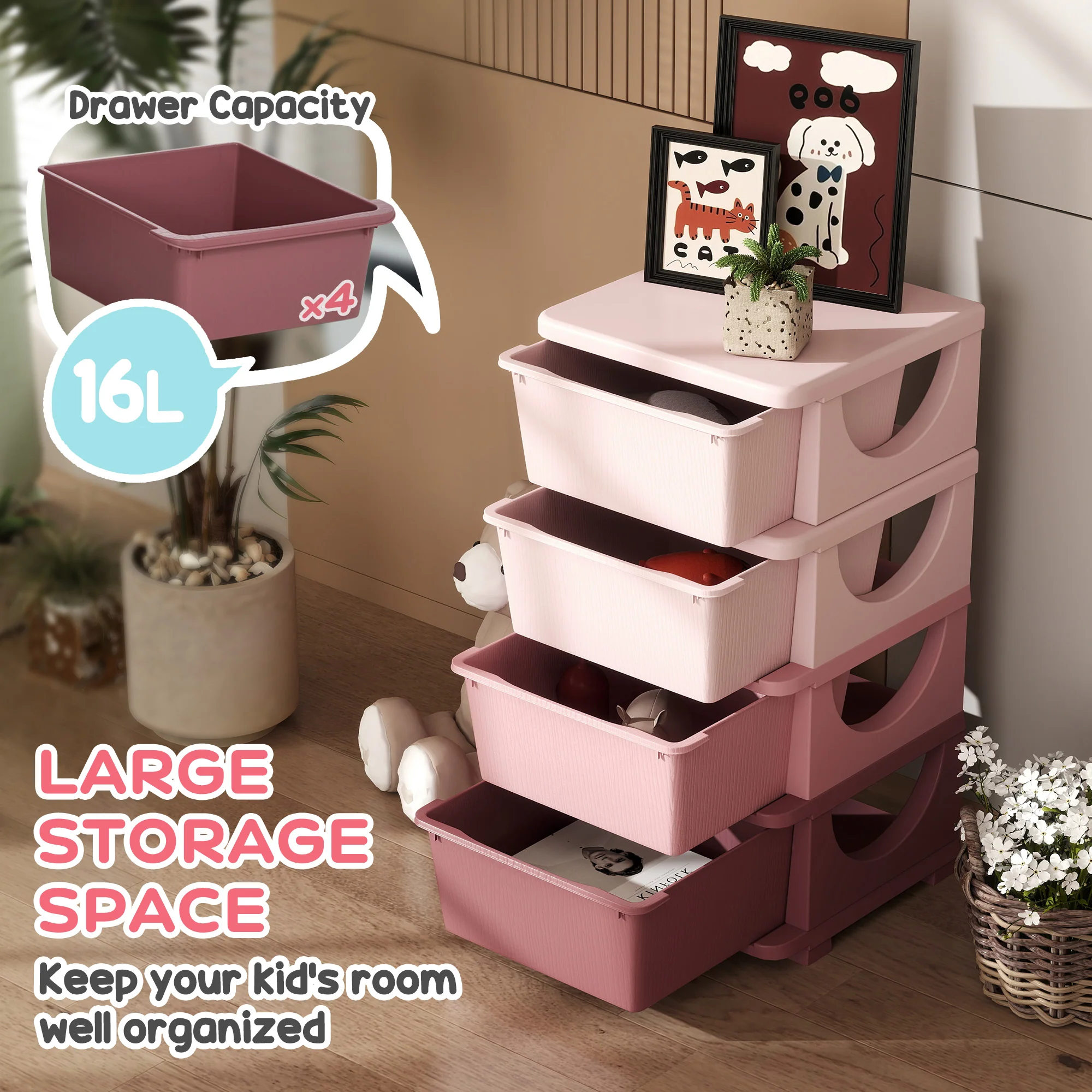 Four-Tier Kids Storage Boxes, Plastic Storage Units With Four Drawers, Pink - Image 3