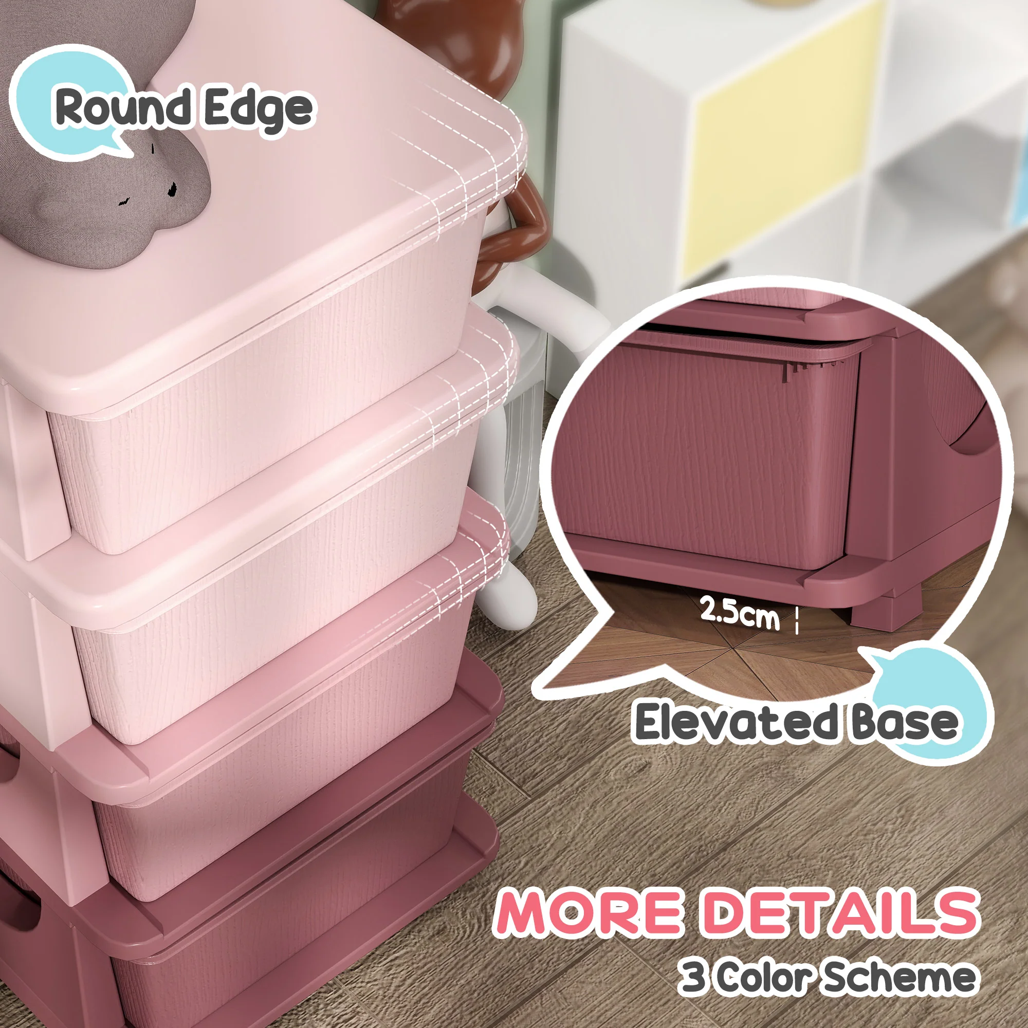 Four-Tier Kids Storage Boxes, Plastic Storage Units With Four Drawers, Pink - Image 4