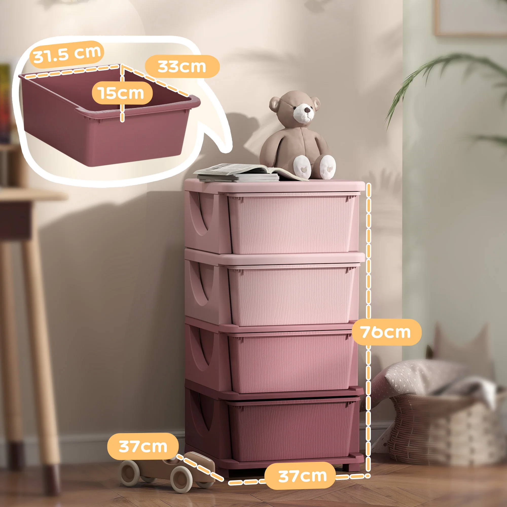 Four-Tier Kids Storage Boxes, Plastic Storage Units With Four Drawers, Pink - Image 5