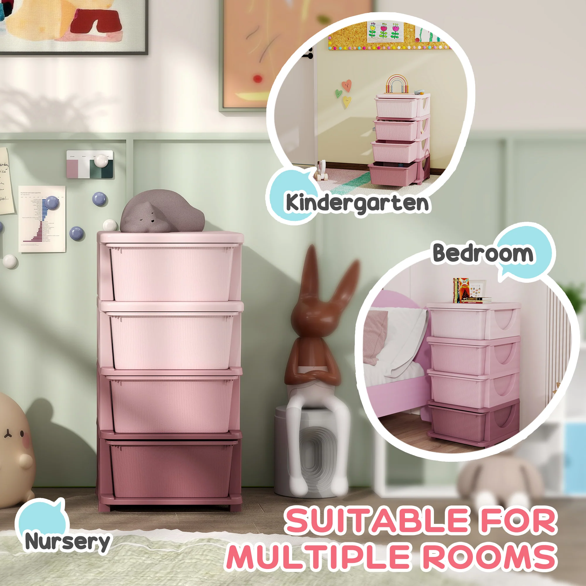 Four-Tier Kids Storage Boxes, Plastic Storage Units With Four Drawers, Pink - Image 6