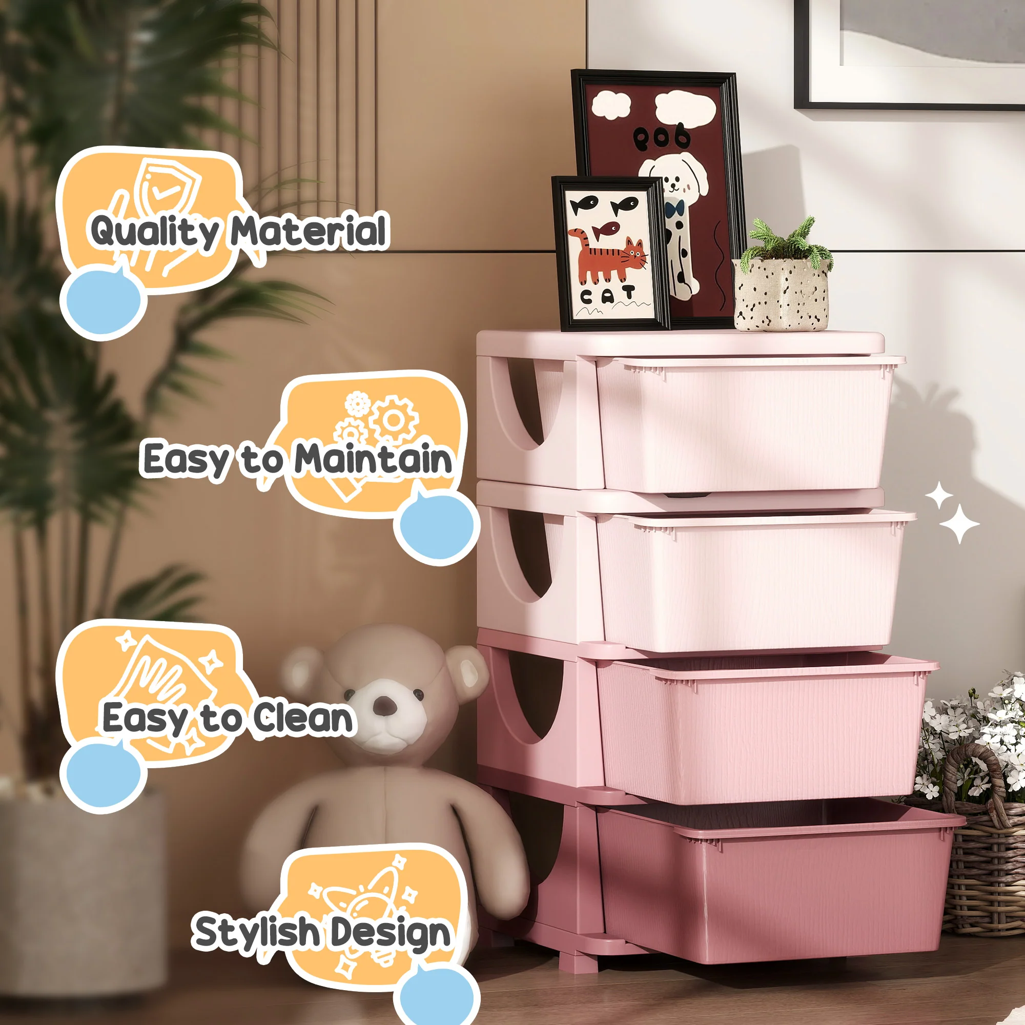 Four-Tier Kids Storage Boxes, Plastic Storage Units With Four Drawers, Pink - Image 7