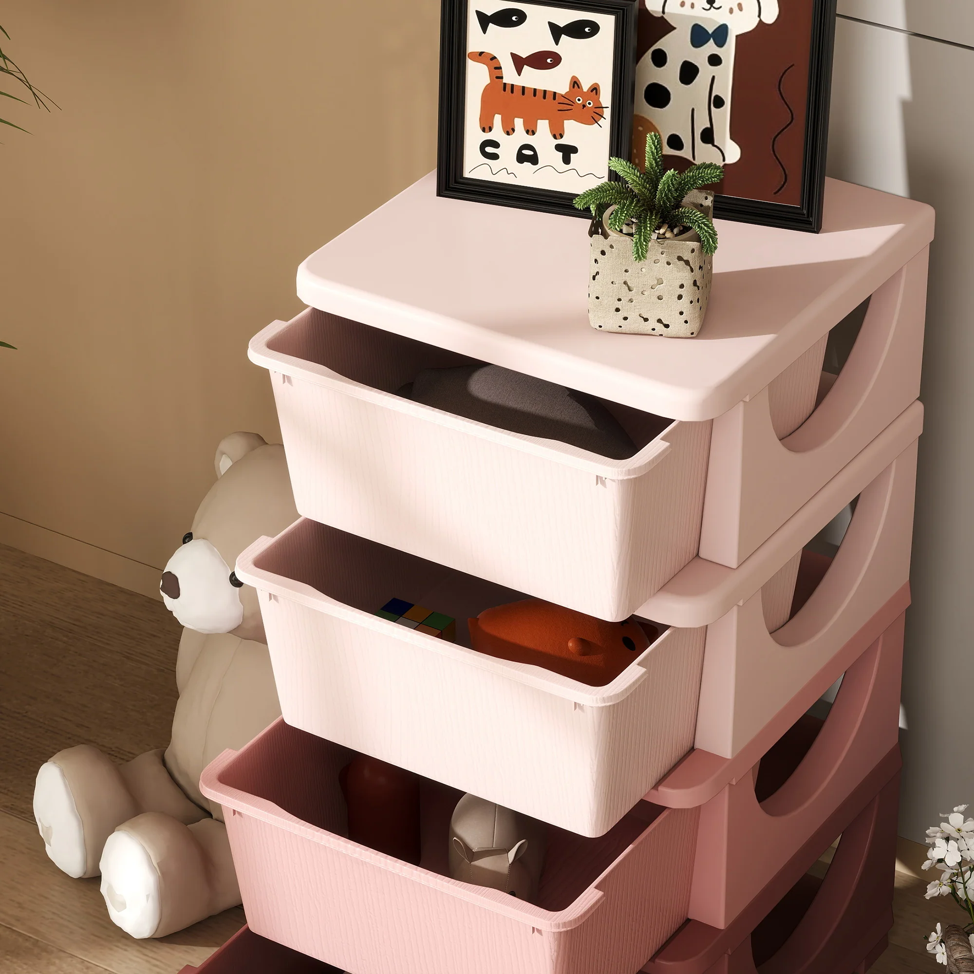 Four-Tier Kids Storage Boxes, Plastic Storage Units With Four Drawers, Pink - Image 8