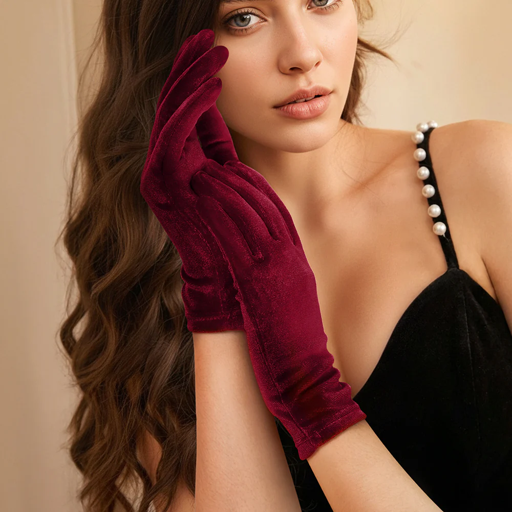 Full Finger Bridal Gloves Opera Wrist Banquet Gloves Wine Red - Image 2