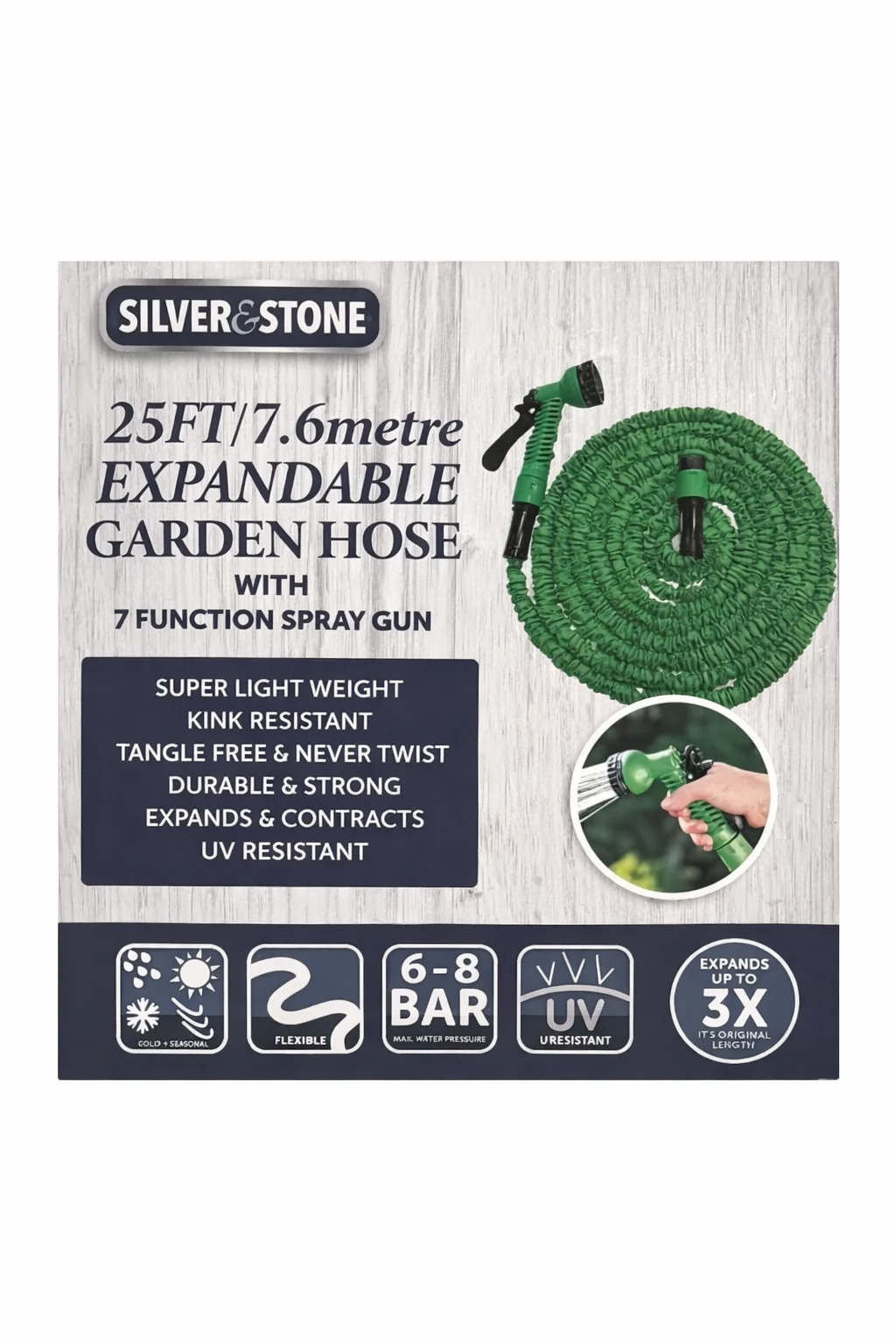 Silver & Stone Expandable Garden Hose Pipe 25FT 7.6m With 7 Function Spray Gun - Flexible, Kink Resistant, UV Resistant - Image 2