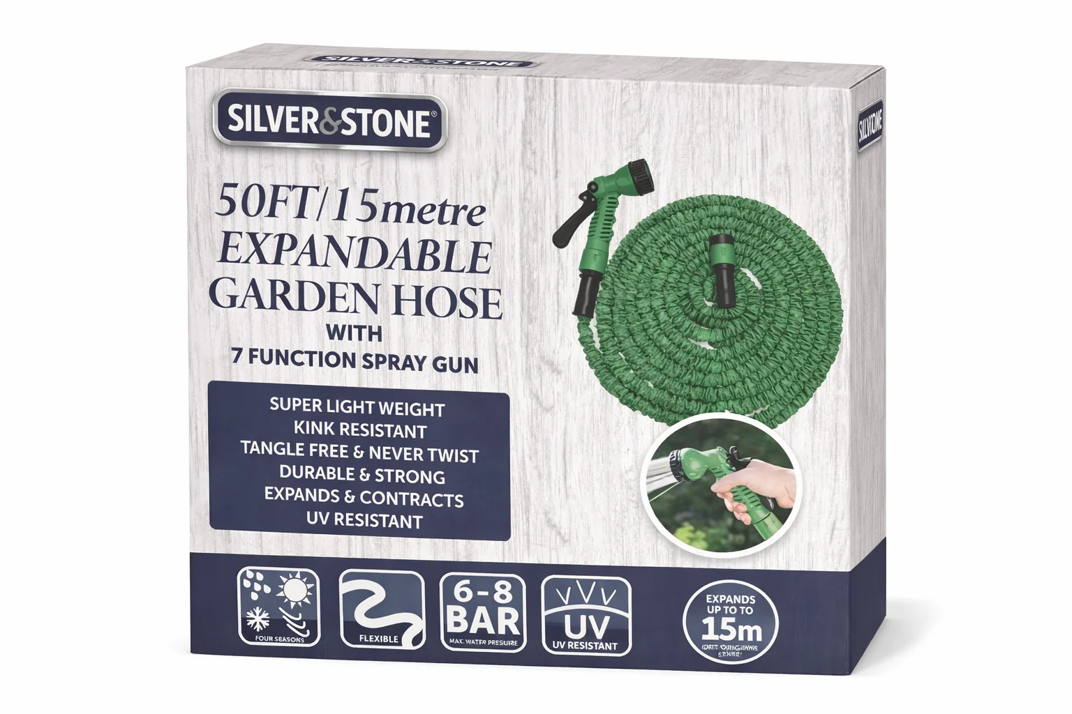 Silver & Stone Expandable Garden Hose Pipe 25FT 7.6m With 7 Function Spray Gun - Flexible, Kink Resistant, UV Resistant - Image 3