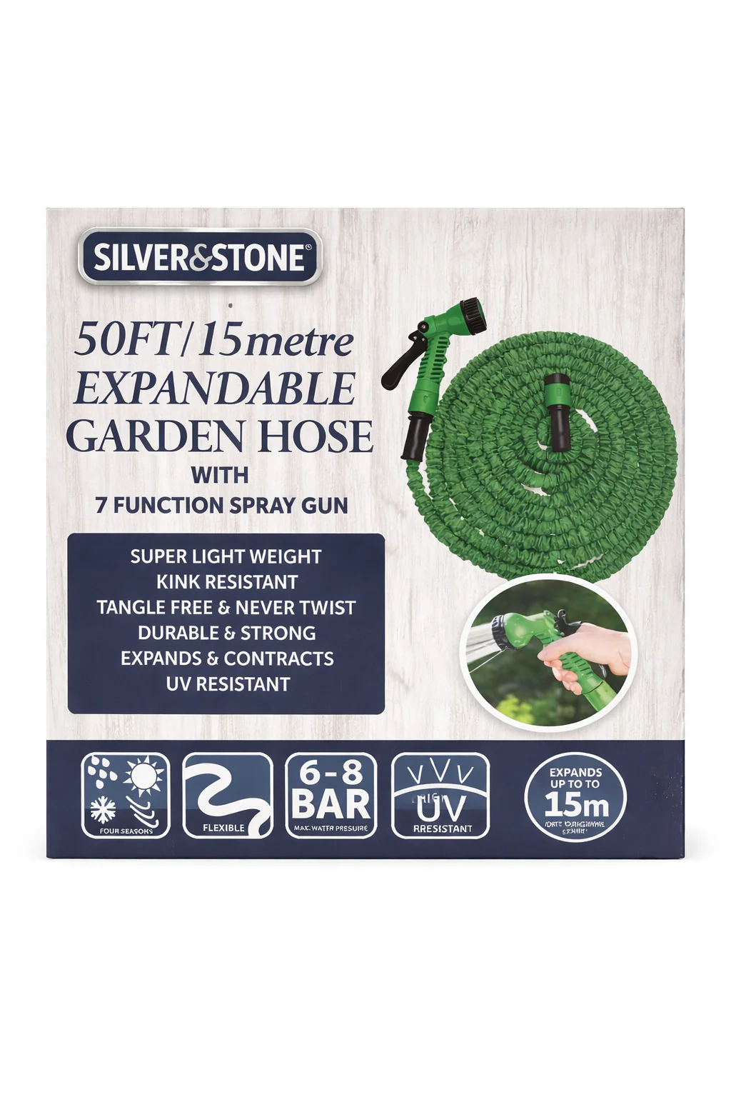 Silver & Stone Expandable Garden Hose Pipe 25FT 7.6m With 7 Function Spray Gun - Flexible, Kink Resistant, UV Resistant - Image 4