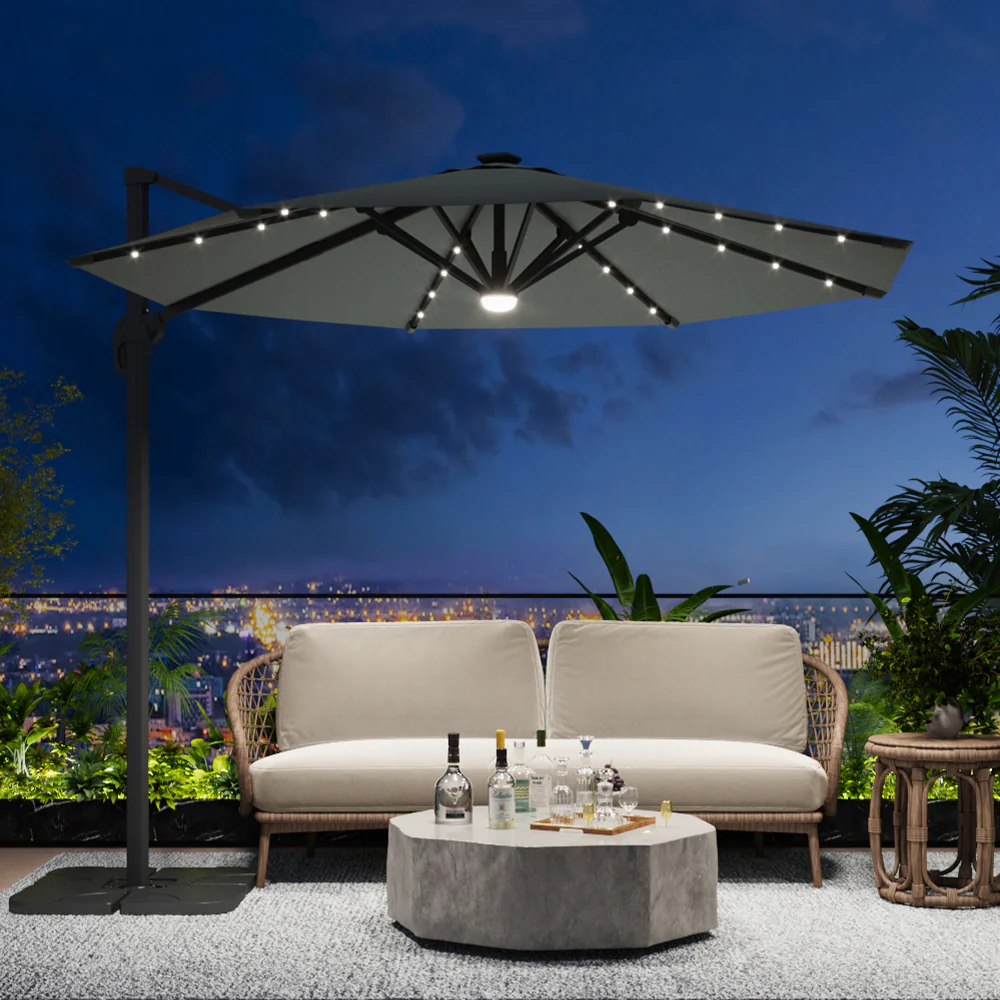 Garden Sanctuary Round Cantilever Parasol with Solar Light and HDPE Parasol Base - Image 2