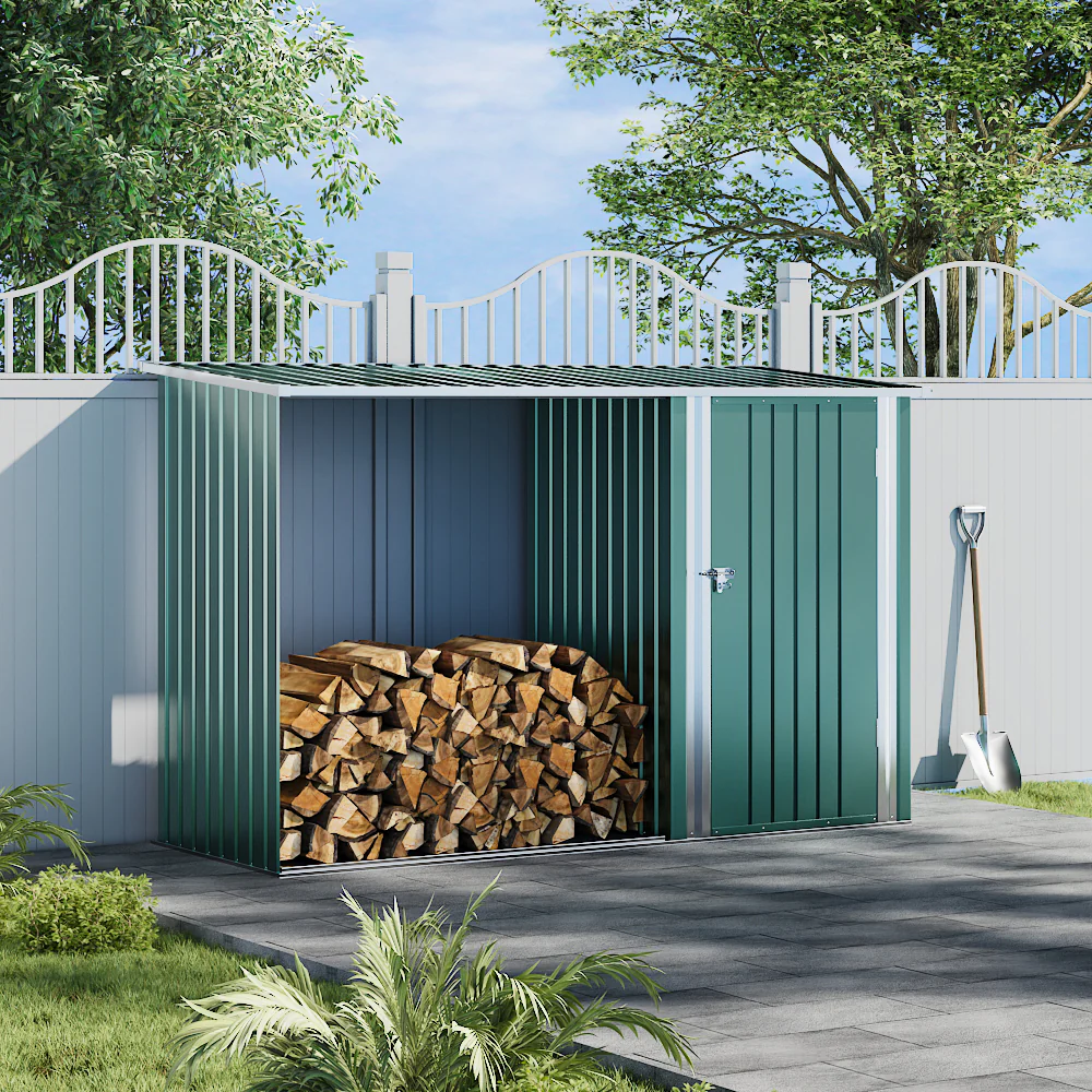 Garden Sanctuary Steel Outdoor Garden Storage Shed with Log Stacking Rack - Image 2