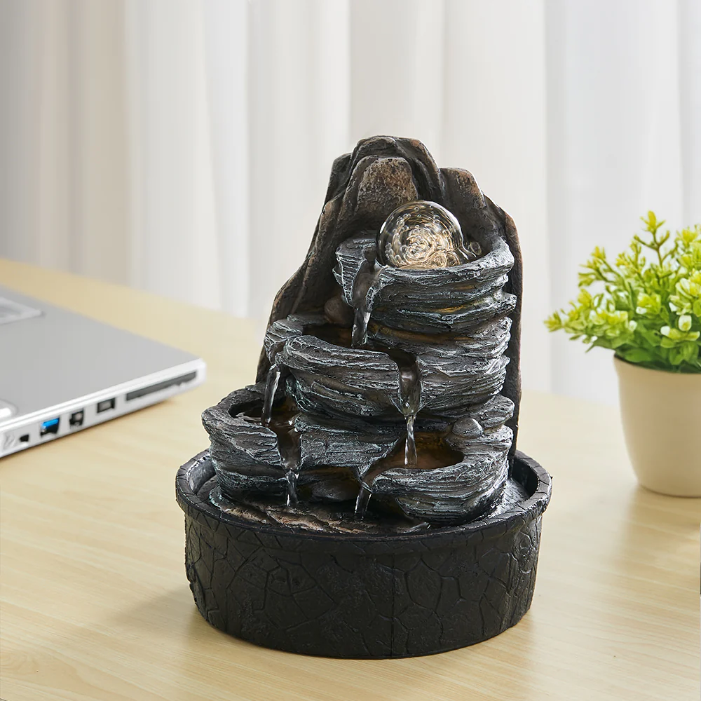 Garden Sanctuary Tiered Rock Cascading Tabletop Water Fountain with LED Crystal Ball - Image 2