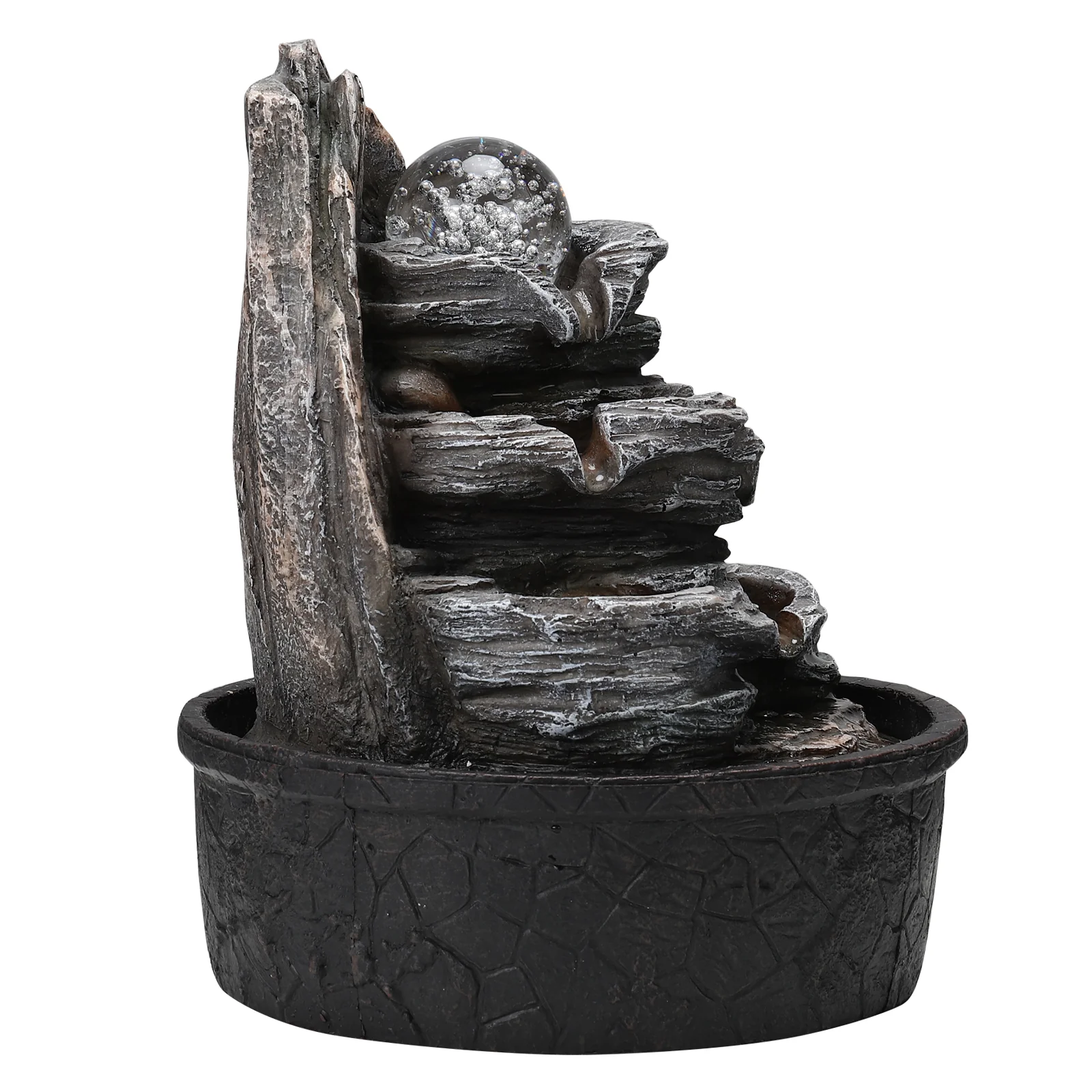 Garden Sanctuary Tiered Rock Cascading Tabletop Water Fountain with LED Crystal Ball - Image 5
