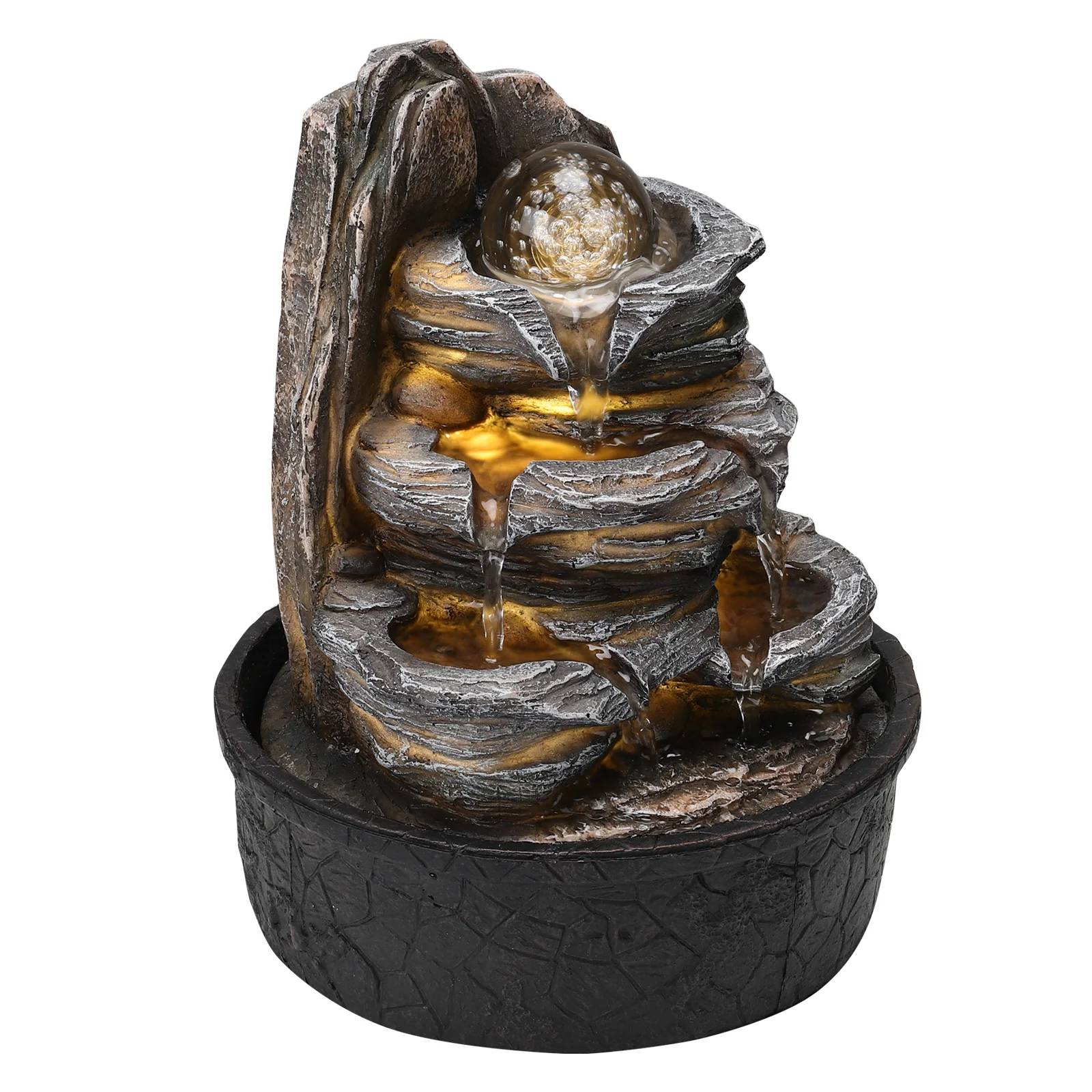 Garden Sanctuary Tiered Rock Cascading Tabletop Water Fountain with LED Crystal Ball - Image 6