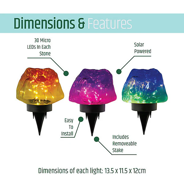 GardenKraft Set Of 3 Solar Rock Garden Lights With Colour Changing LED | Outdoor Pathway Lights - Image 3