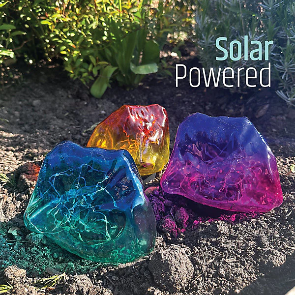 GardenKraft Set Of 3 Solar Rock Garden Lights With Colour Changing LED | Outdoor Pathway Lights - Image 4