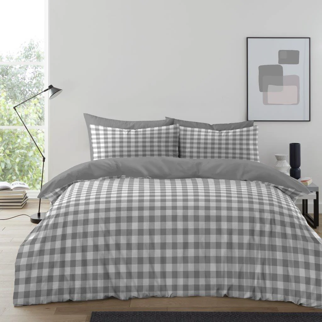 Gingham Moor Printed Microfibre Duvet Set - Grey