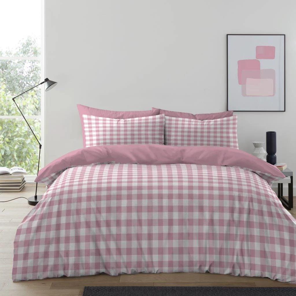 Gingham Moor Printed Microfibre Duvet Set - Blush