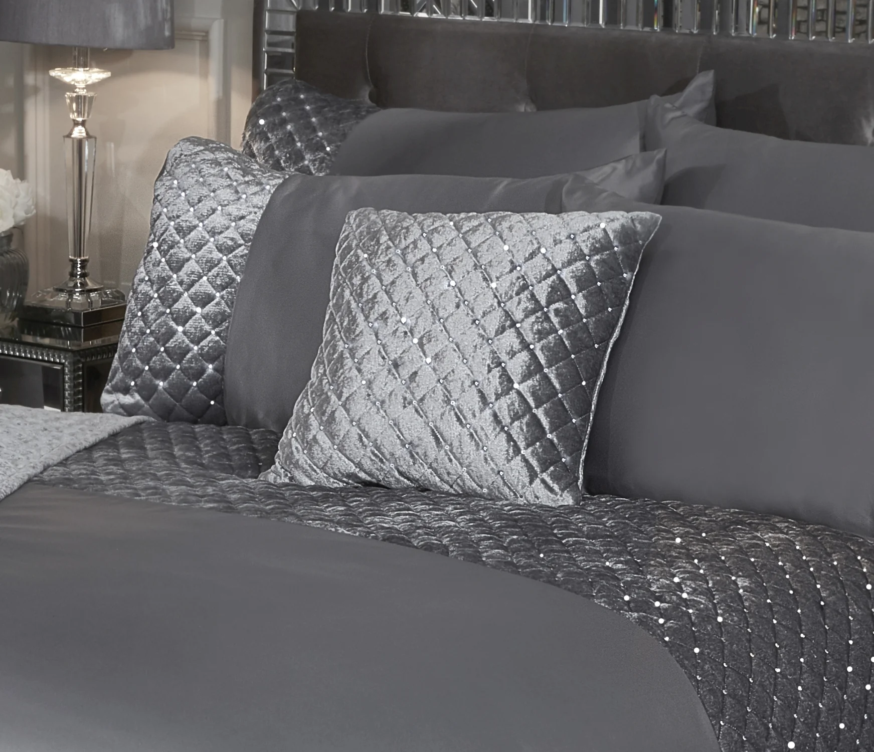 Glamour - Quilted Sequin Velvet Cushion Cover in Silver - Image 2