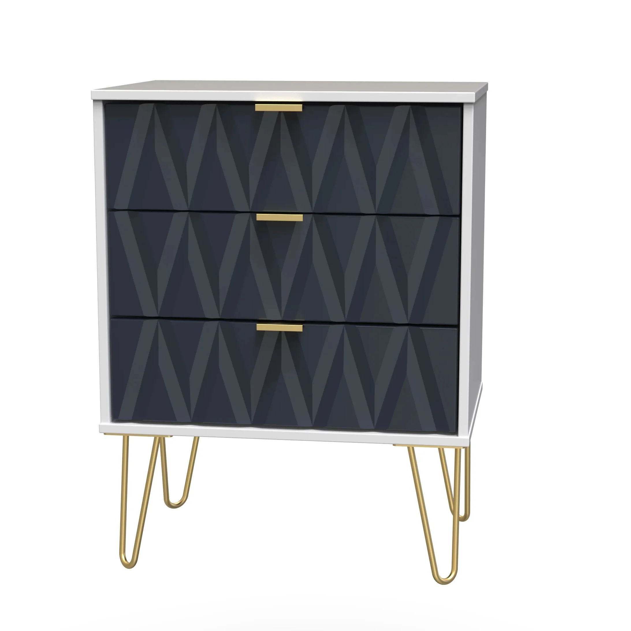 Glitz Ready Assembled 3 Drawer Bedside Table In Indigo Matt & White - Image 2