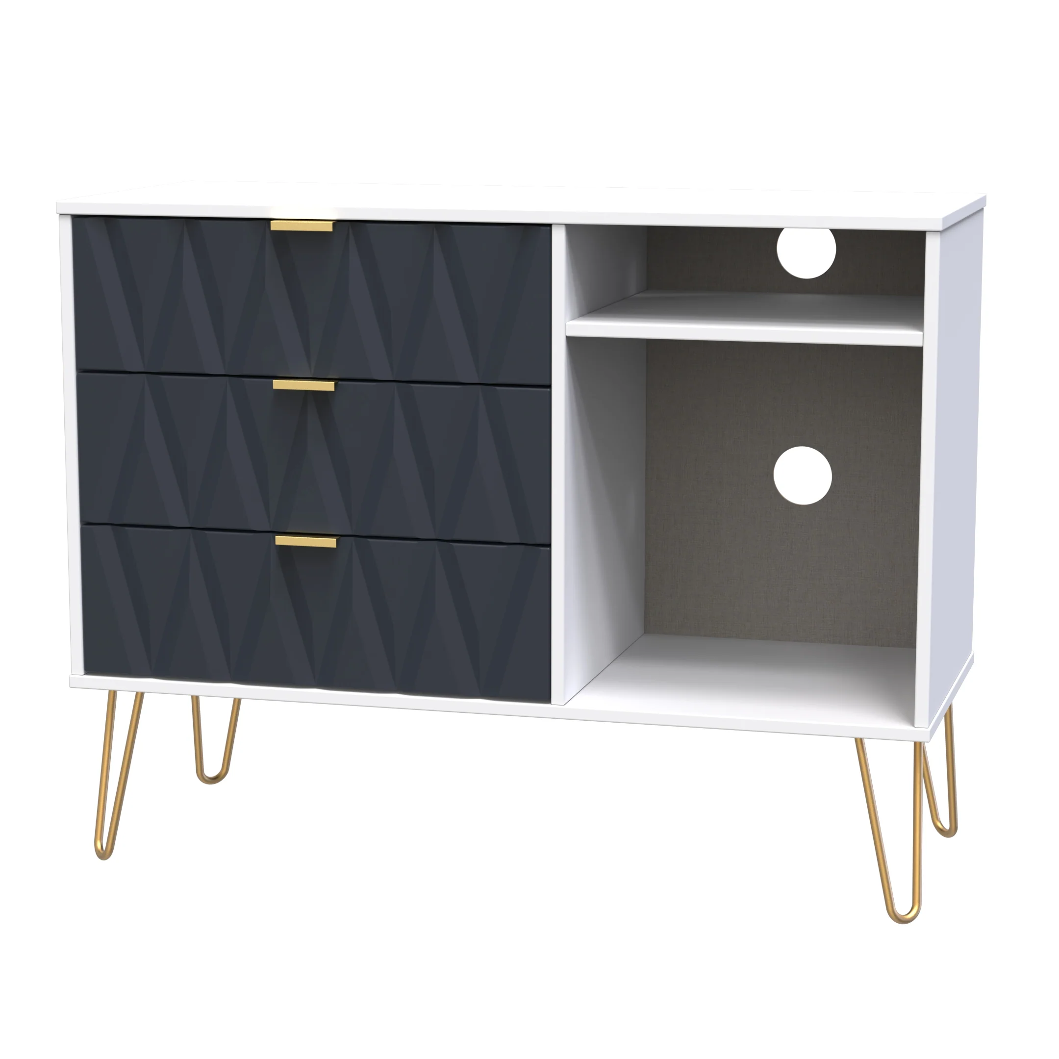 Glitz Ready Assembled 3 Drawer TV Unit in Indigo Matt & White - Image 3