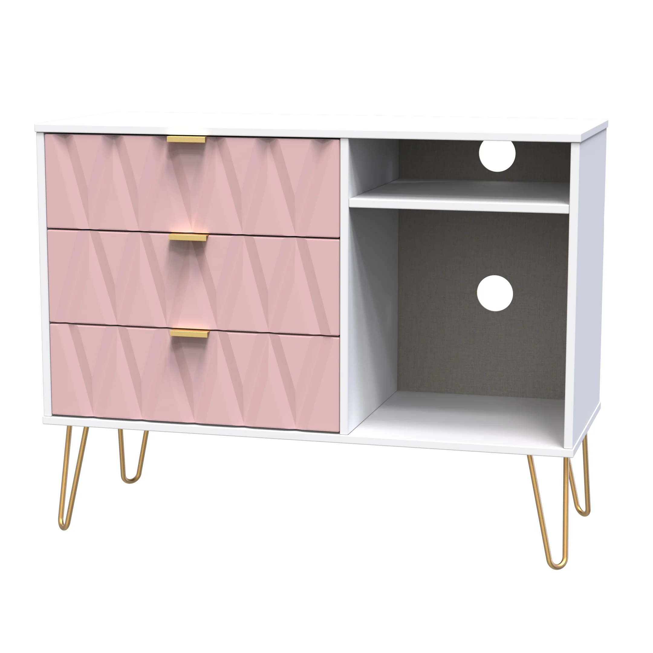 Glitz Ready Assembled 3 Drawer TV Unit in Kobe Pink & White - Image 3