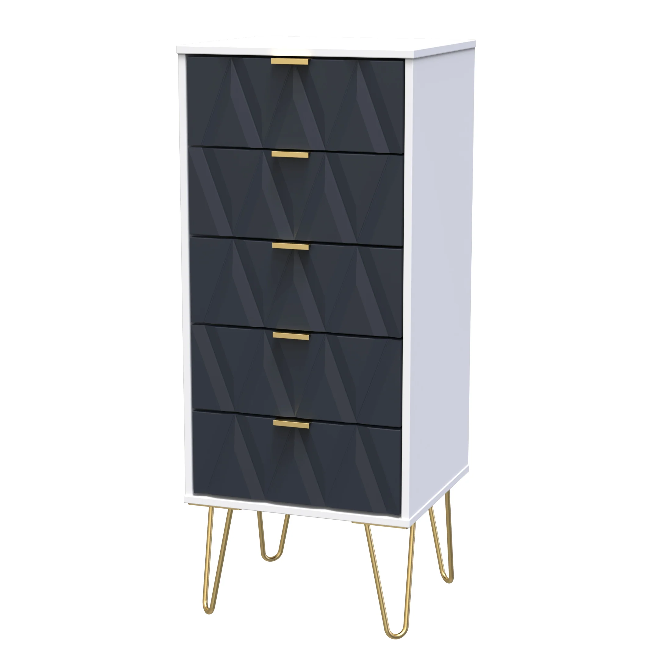 Glitz Ready Assembled 5 Drawer Tallboy in Indigo Matt & White - Image 3