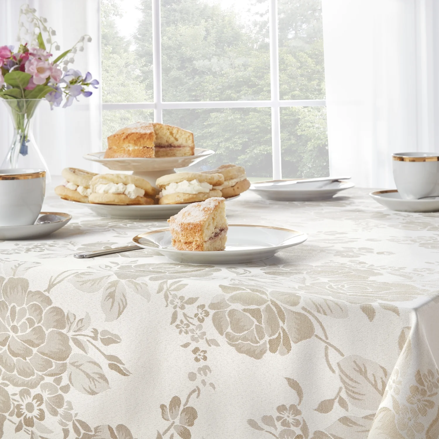 Grace Floral Jacquard Table Cloth Sateen Damask Table Cloth with a Subtle Jacquard Design in Natural - Image 3