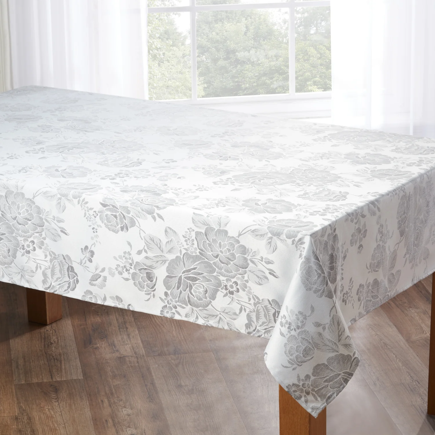 Grace Floral Jacquard Table Cloth Sateen Damask Table Cloth with a Subtle Jacquard Design in Silver - Image 2