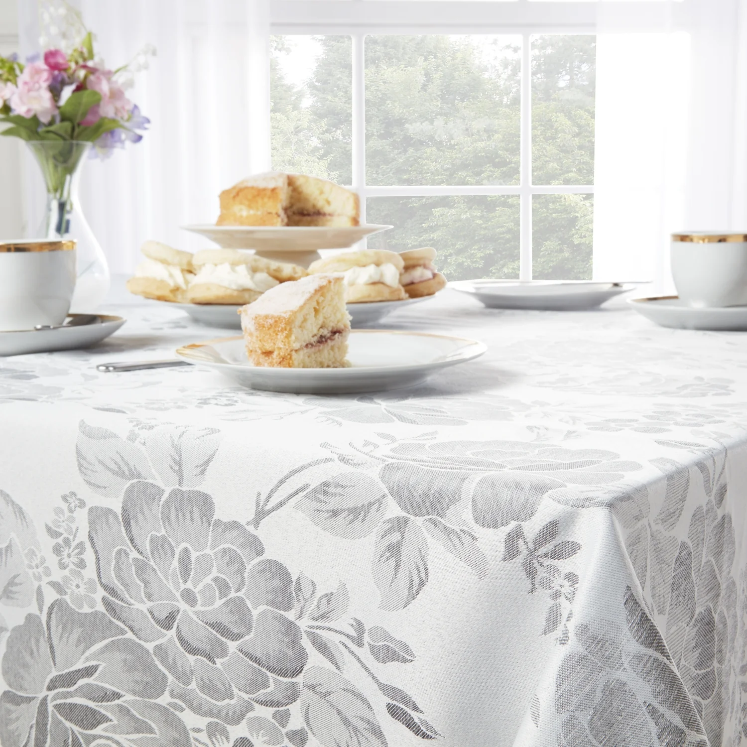 Grace Floral Jacquard Table Cloth Sateen Damask Table Cloth with a Subtle Jacquard Design in Silver - Image 3