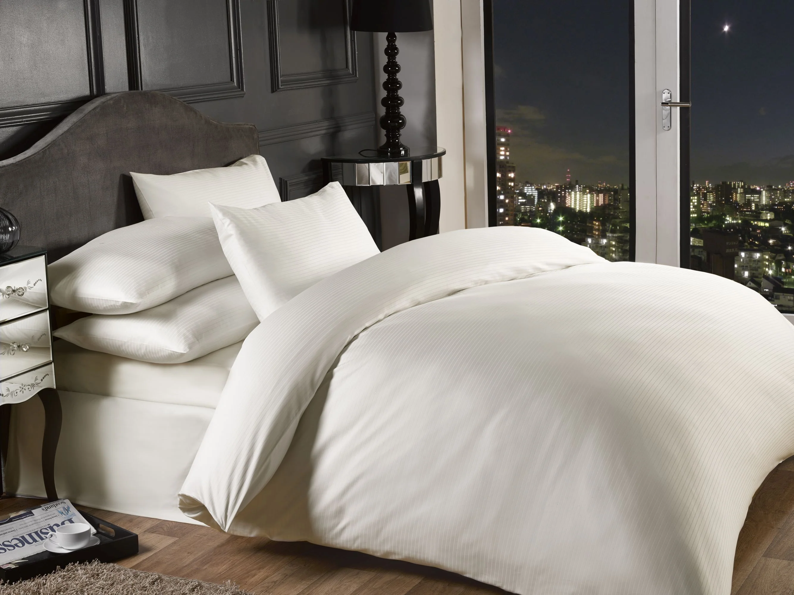 Grosvenor - 1000 Thread Count Pin Stripe Fitted Sheet In Cream - Double Size