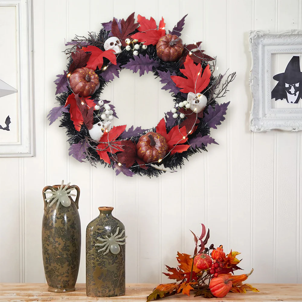 Halloween LED Maple Leaves Wreath with Skulls