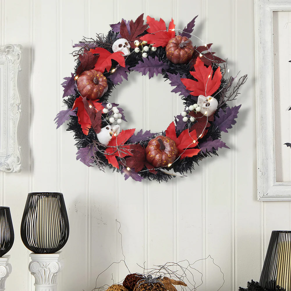 Halloween LED Maple Leaves Wreath with Skulls - Image 2